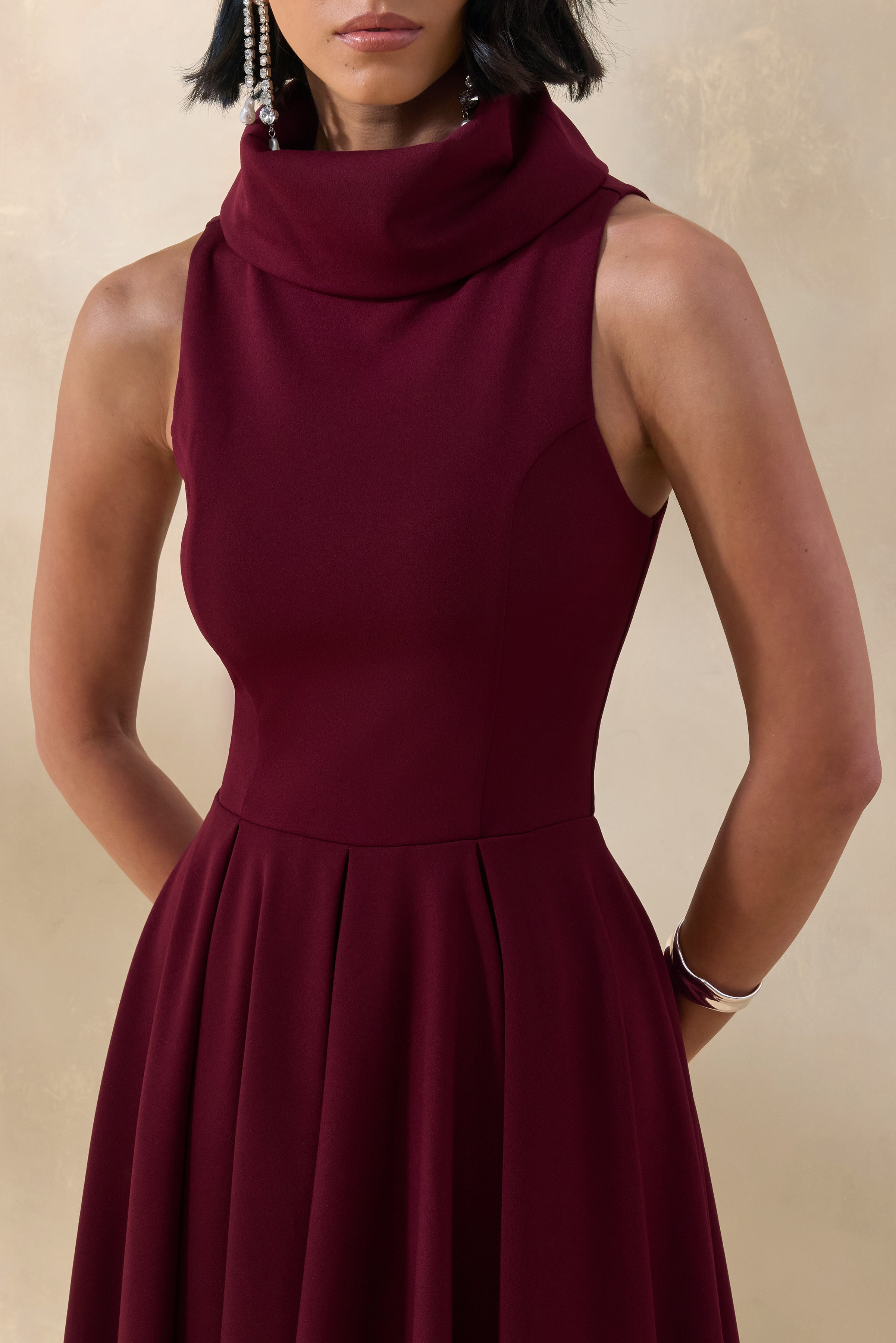 Exclusivity | Burgundy High-Neck Midi Dress