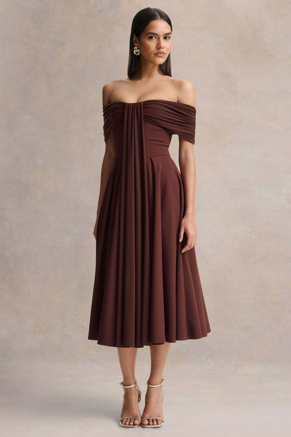 Dearest | Brown Bardot-Neck Midi Dress
