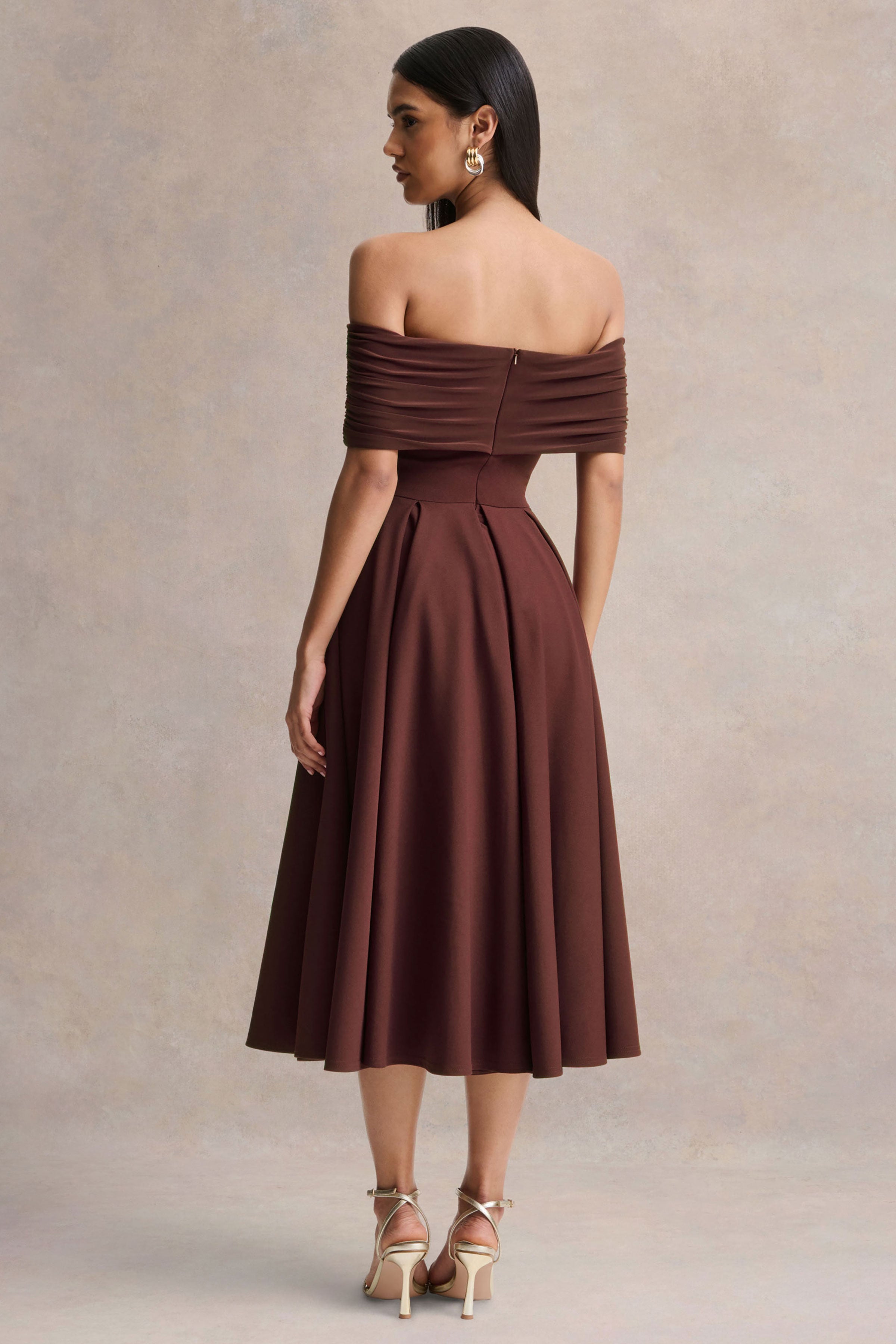 Dearest | Brown Bardot-Neck Midi Dress