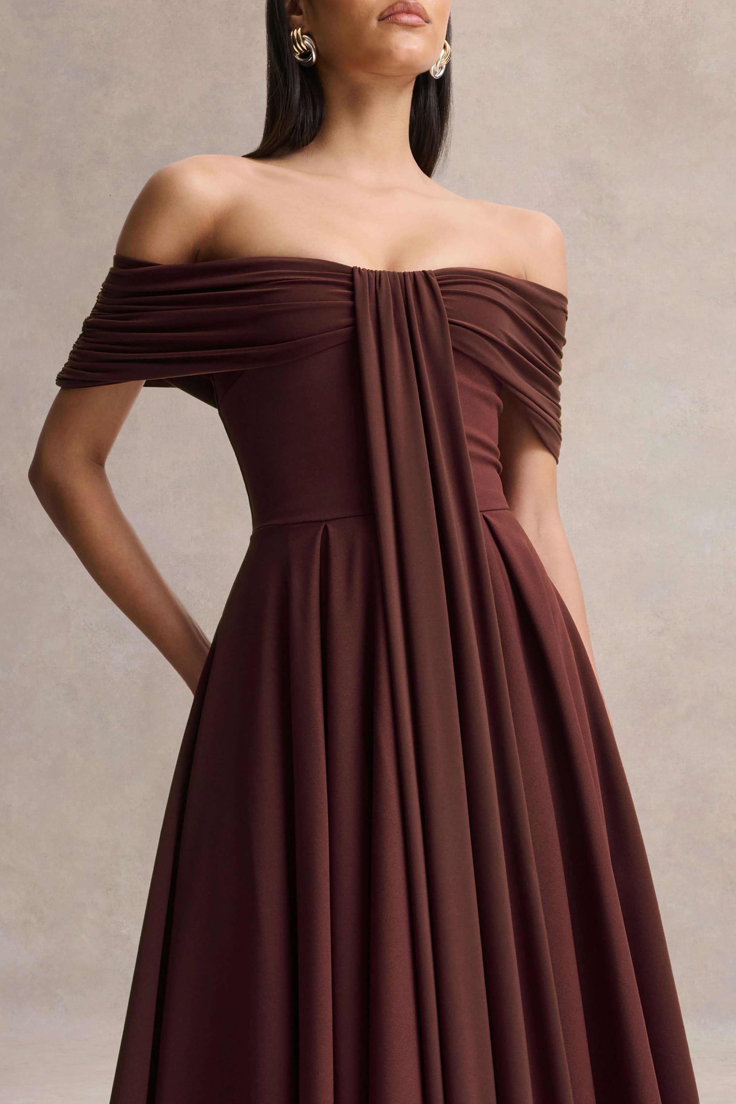 Dearest | Brown Bardot-Neck Midi Dress