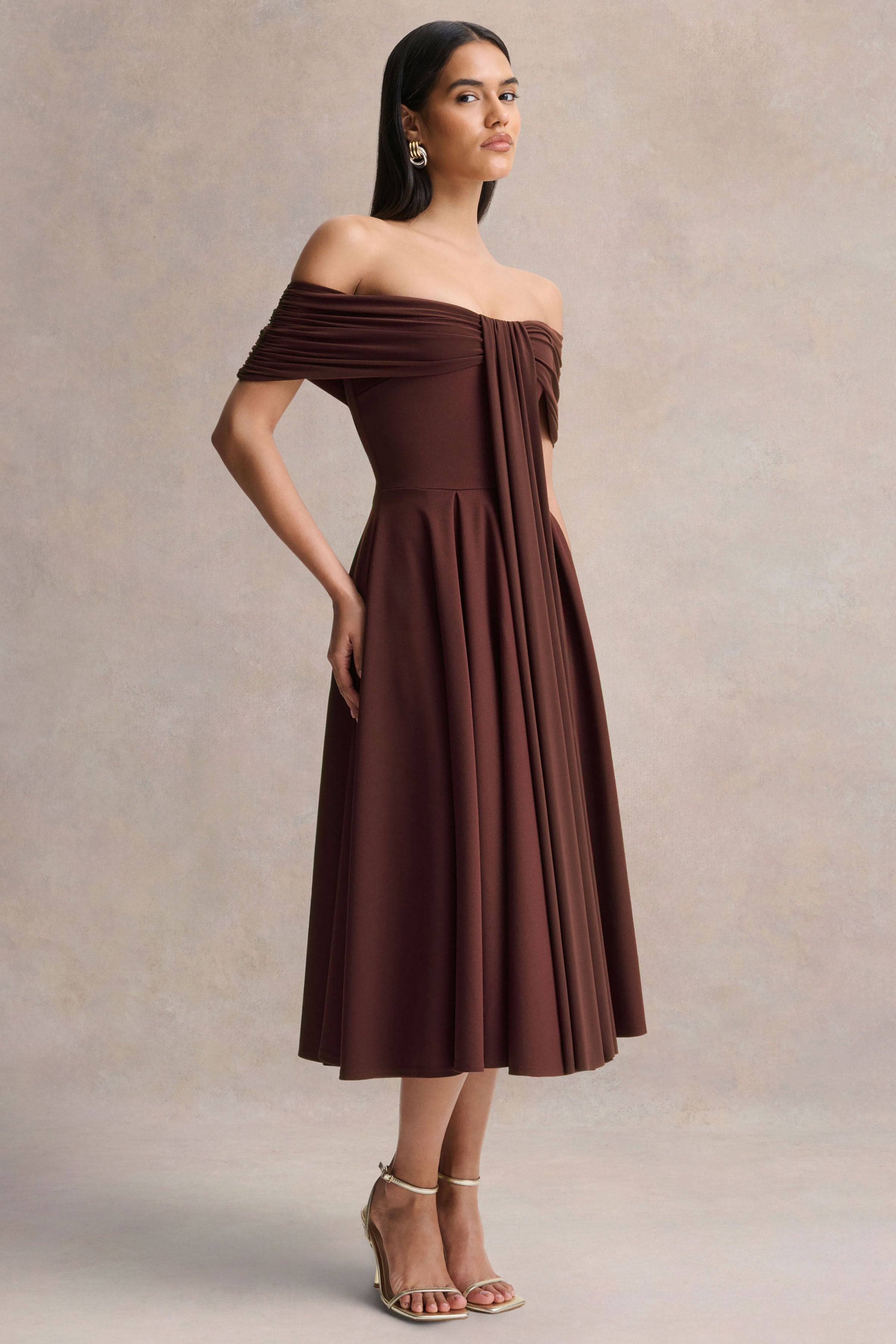 Dearest | Brown Bardot-Neck Midi Dress