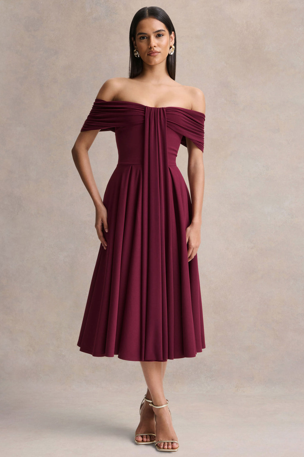 Dearest | Burgundy Bardot-Neck Midi Dress