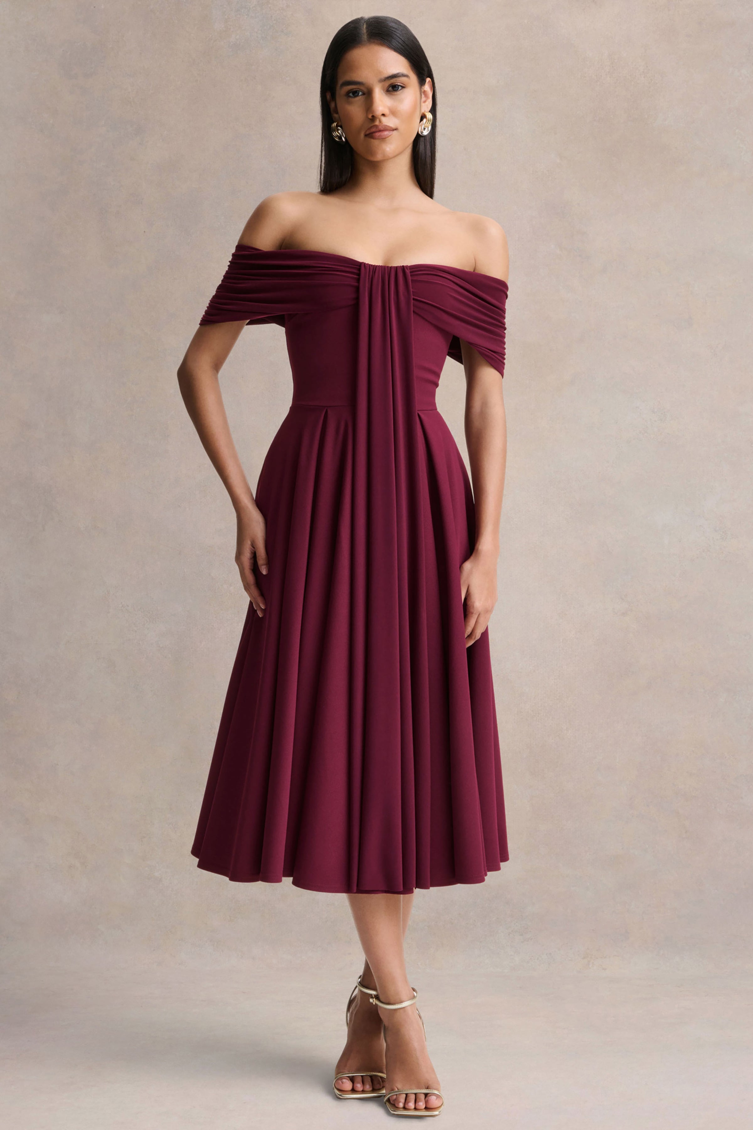Dearest | Burgundy Bardot-Neck Midi Dress