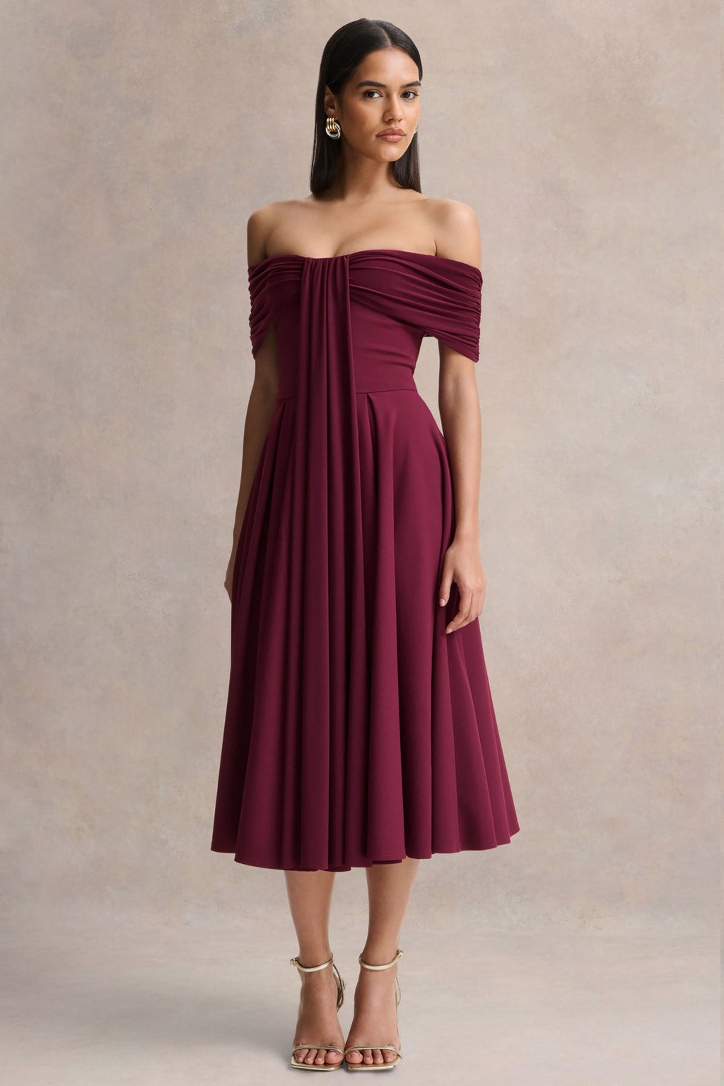 Dearest | Burgundy Bardot-Neck Midi Dress
