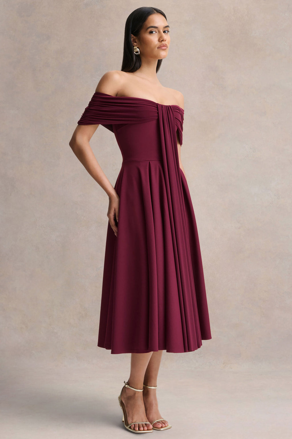Dearest | Burgundy Bardot-Neck Midi Dress