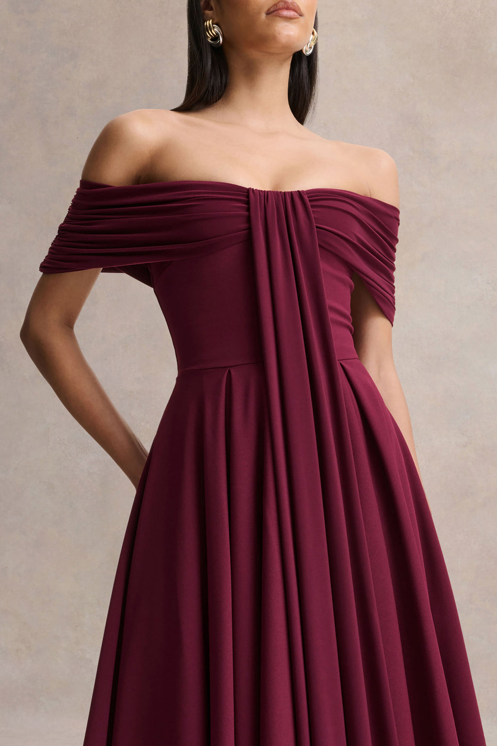 Dearest | Burgundy Bardot-Neck Midi Dress