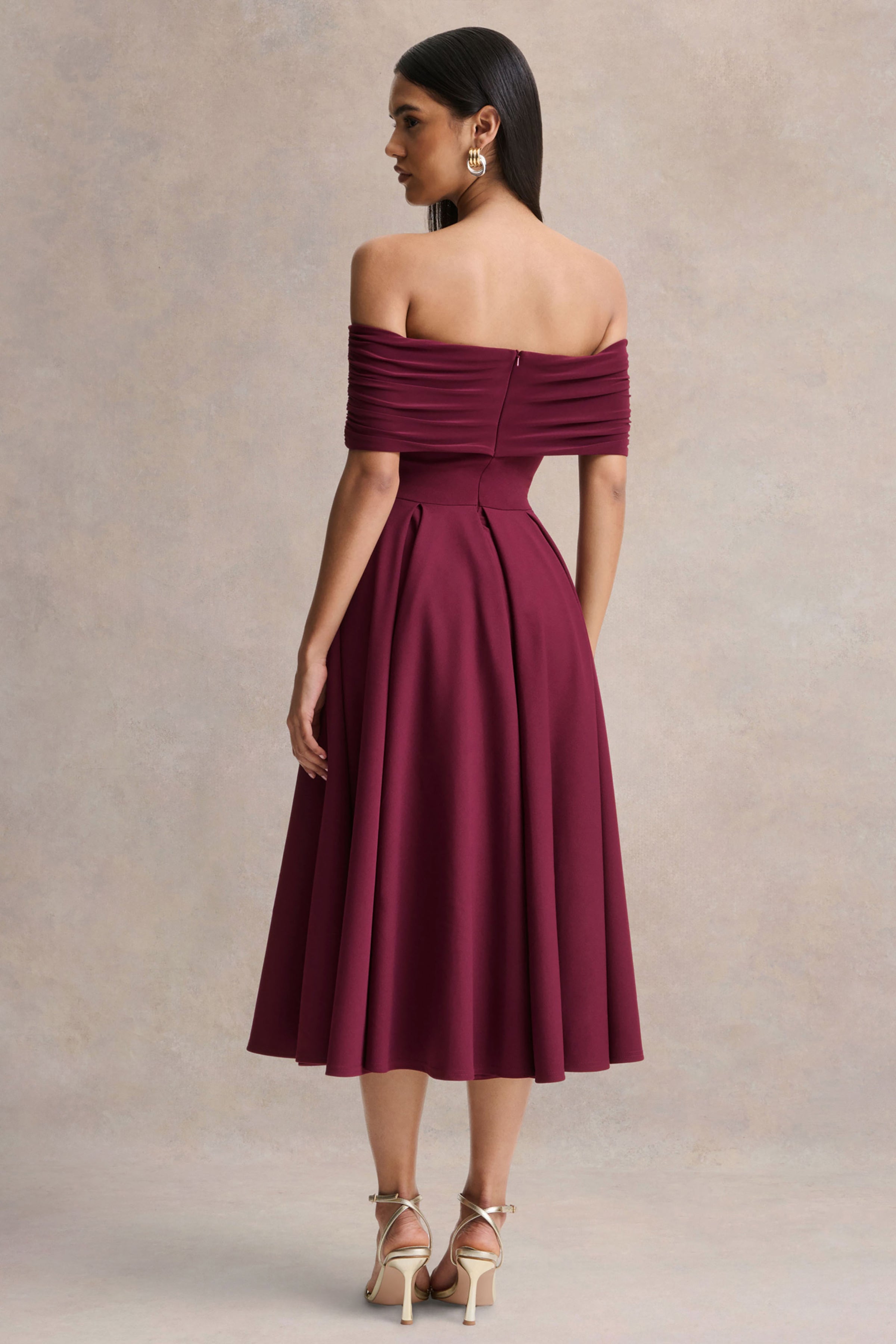 Dearest | Burgundy Bardot-Neck Midi Dress