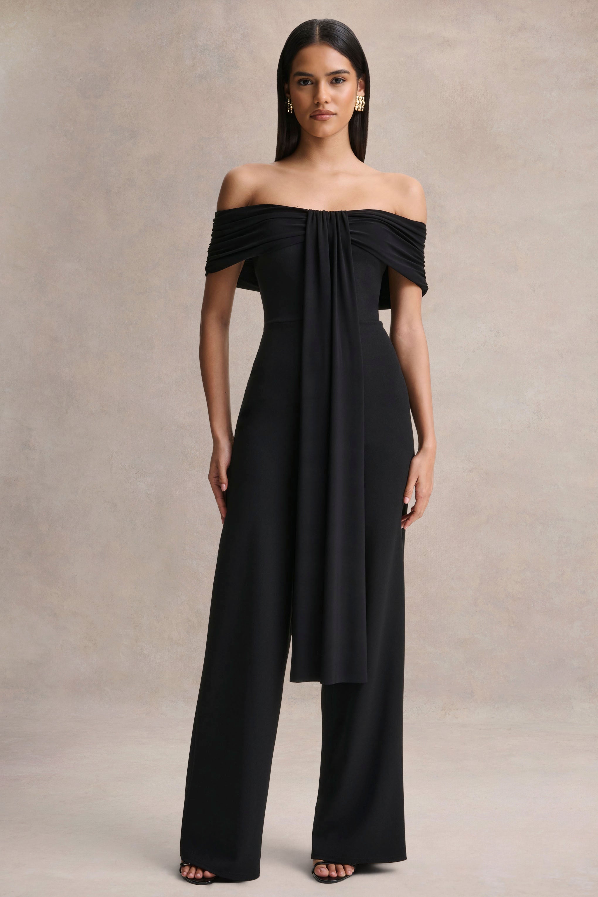 Kalida | Black Bardot-Neck Jumpsuit With Sash-Detail
