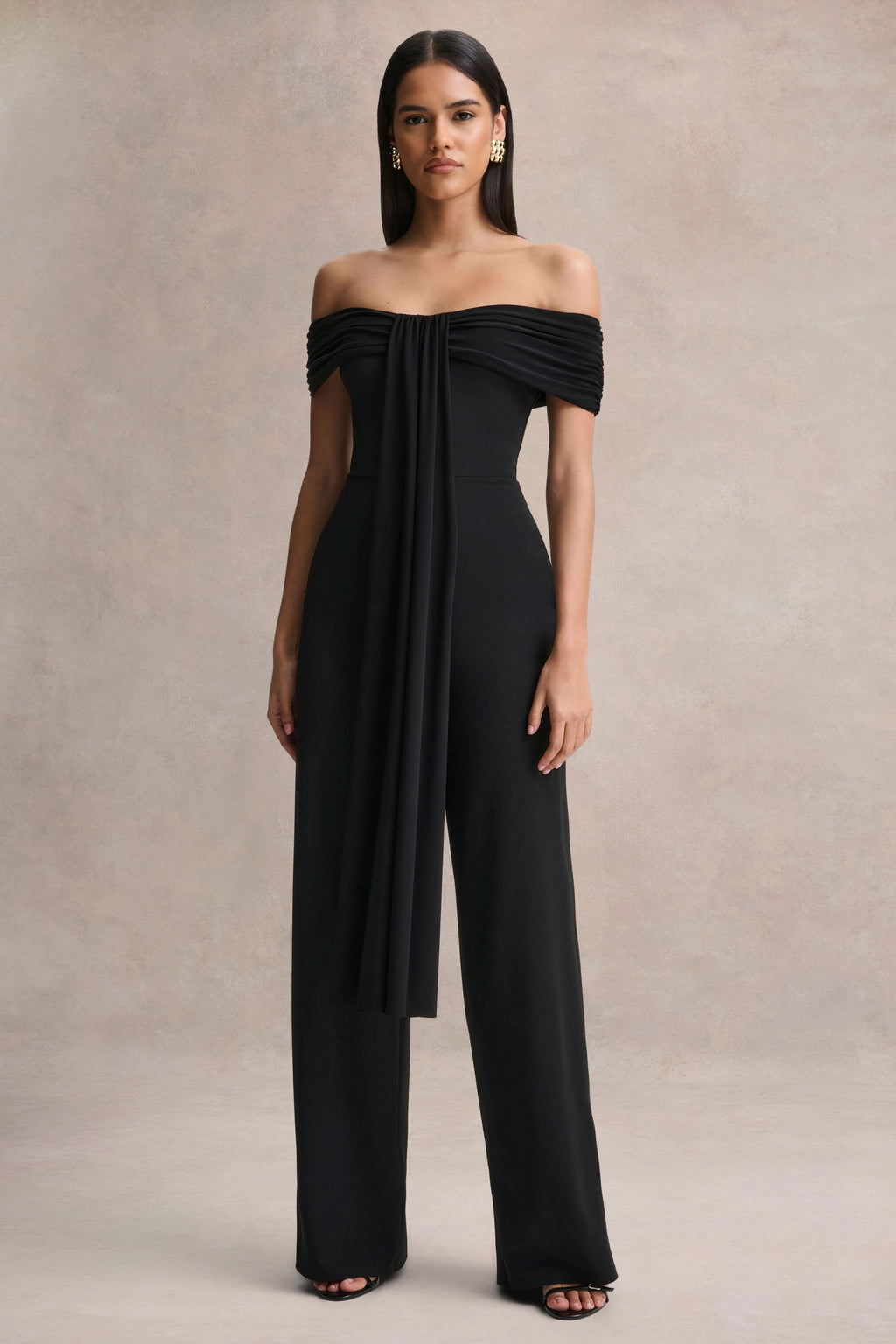 Kalida | Black Bardot-Neck Jumpsuit With Sash-Detail