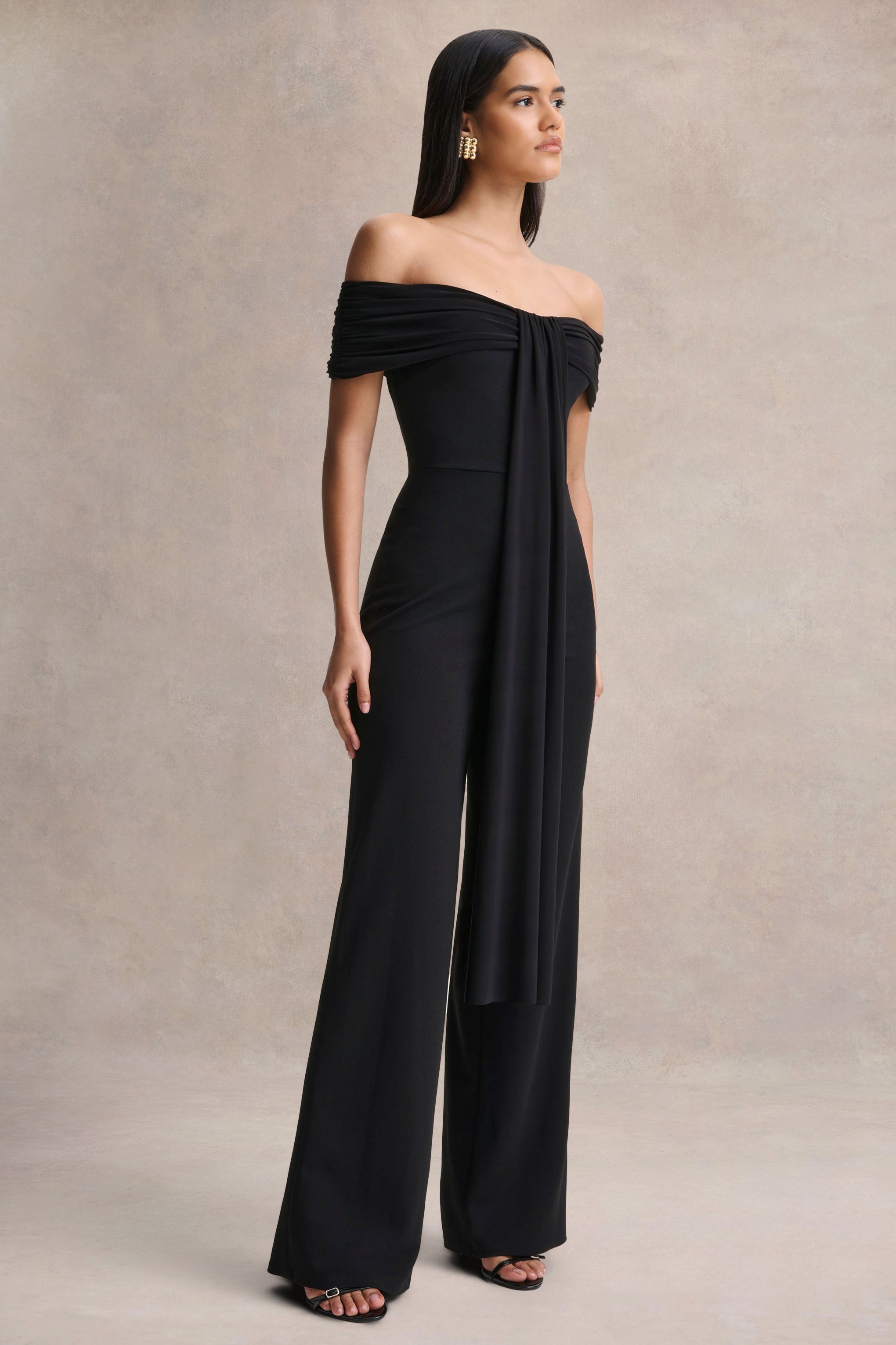 Kalida | Black Bardot-Neck Jumpsuit With Sash-Detail