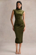 Novine | Olive Velvet High-Neck Midi Dress