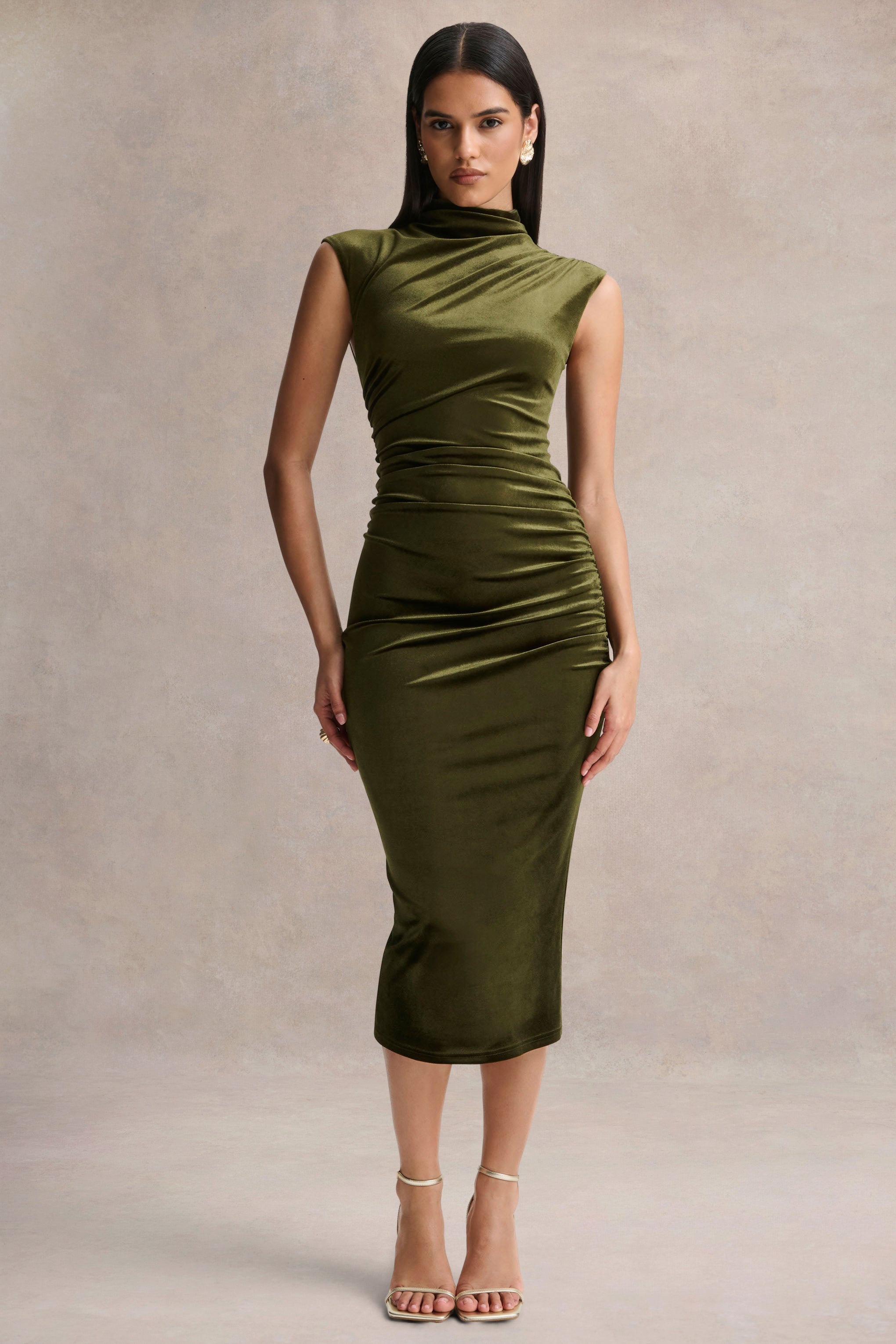 Novine | Olive Velvet High-Neck Midi Dress