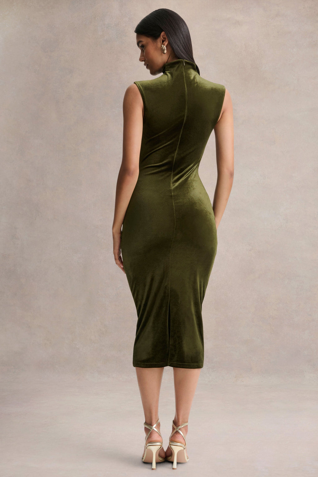 Novine | Olive Velvet High-Neck Midi Dress