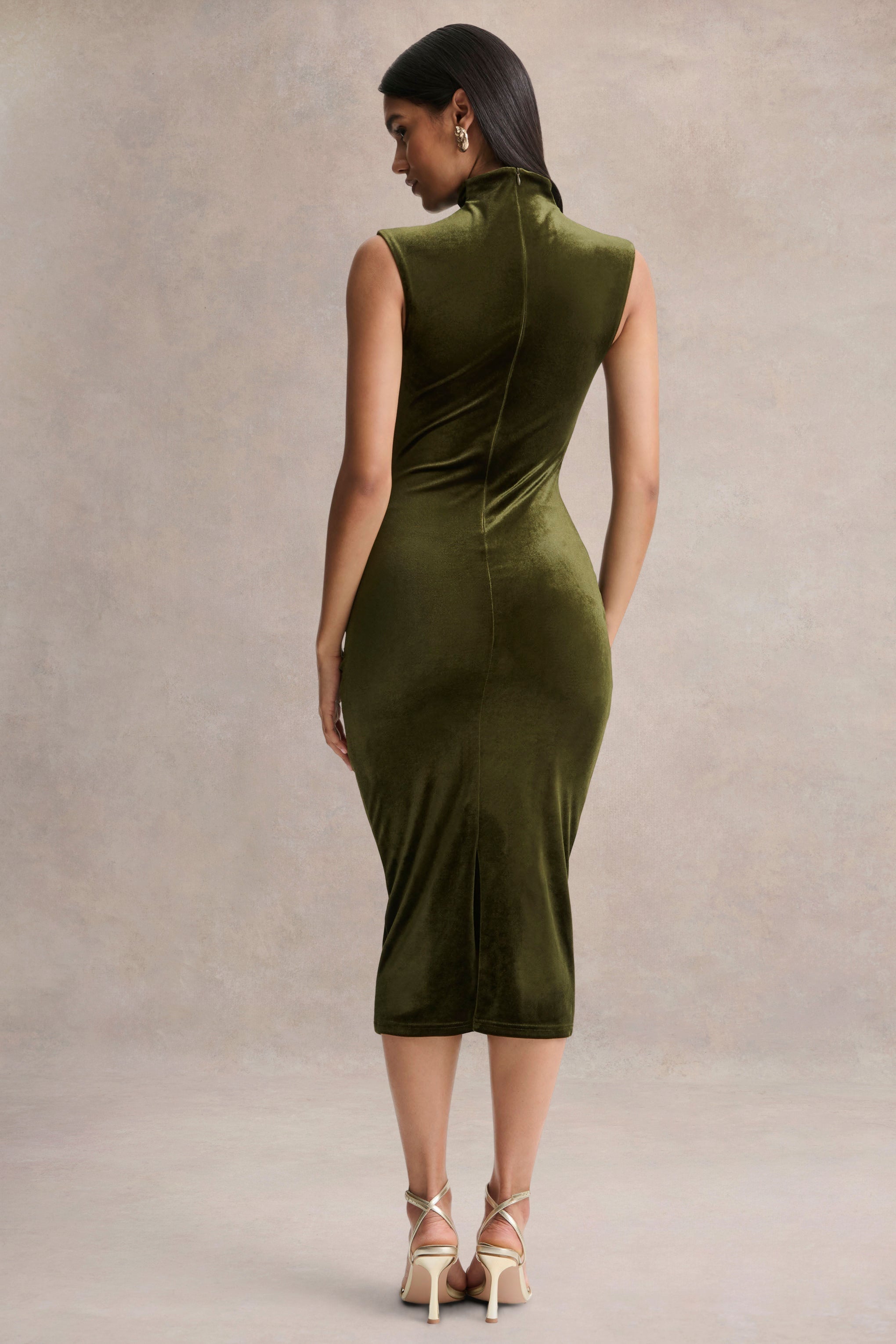 Novine | Olive Velvet High-Neck Midi Dress