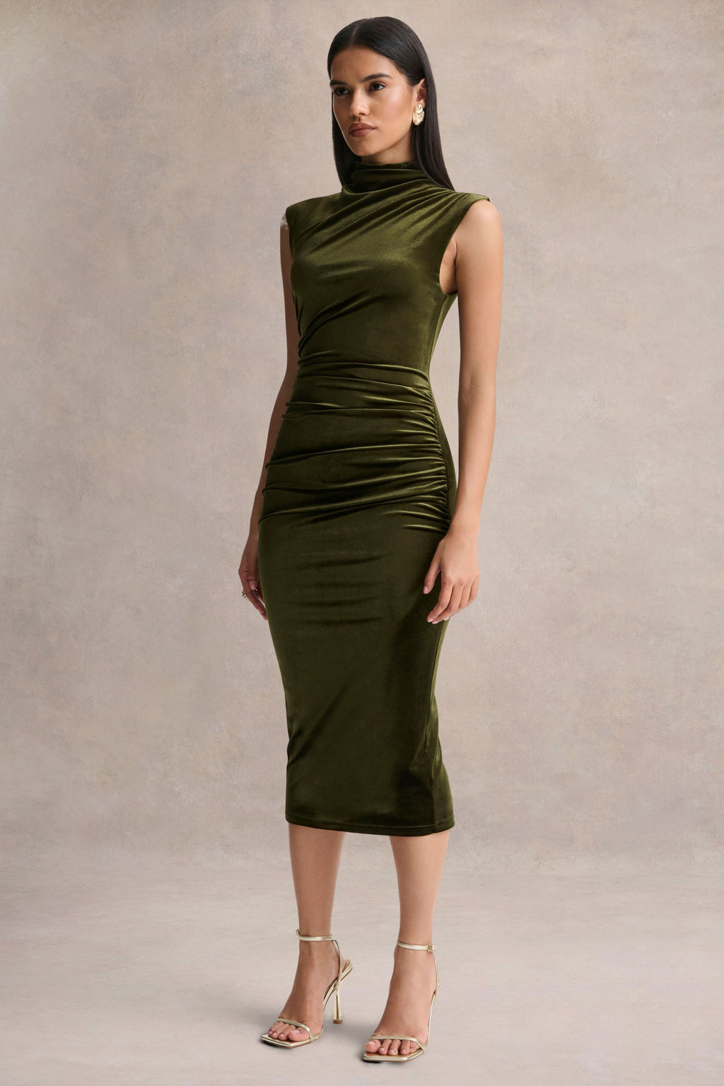 Novine | Olive Velvet High-Neck Midi Dress