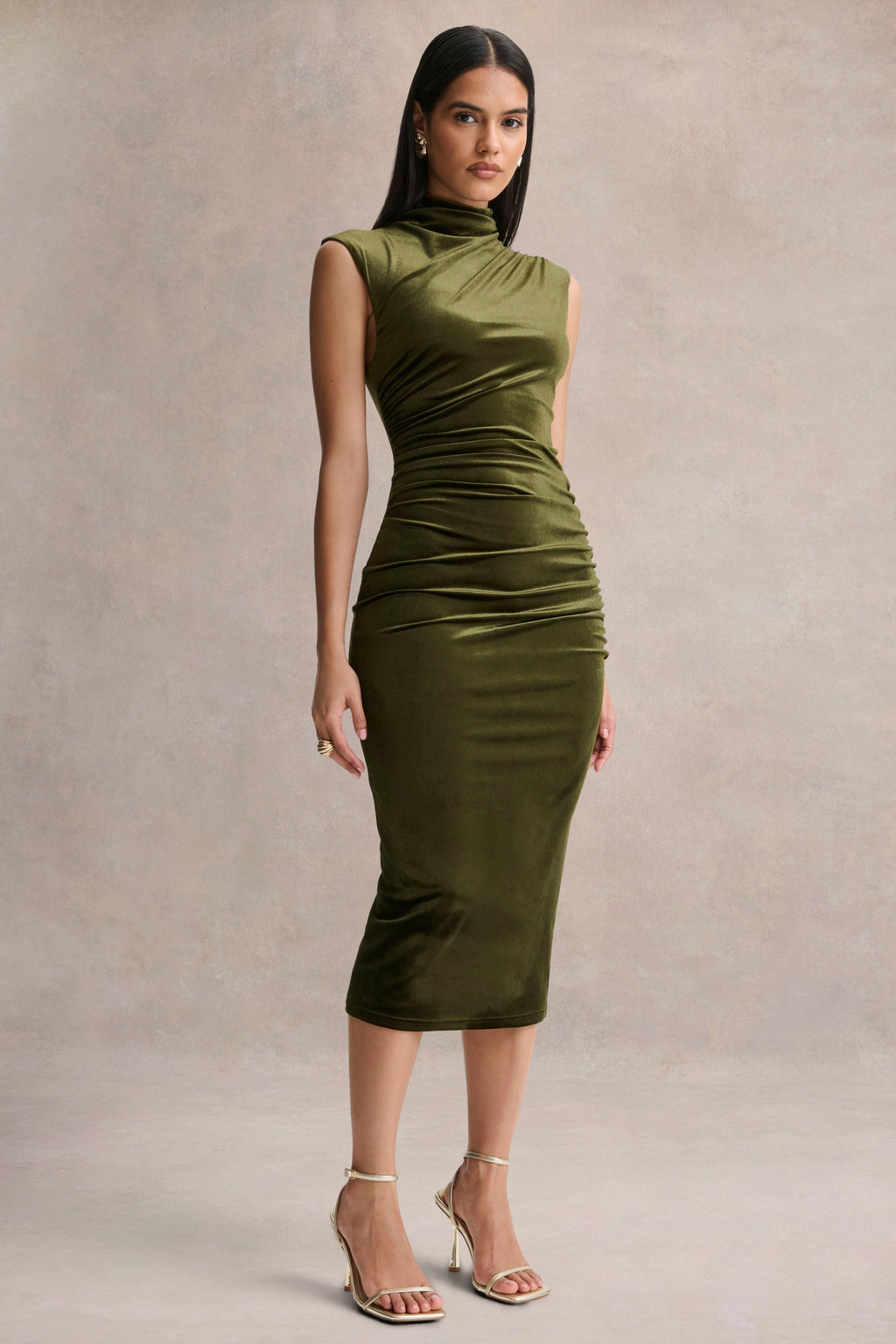 Novine | Olive Velvet High-Neck Midi Dress