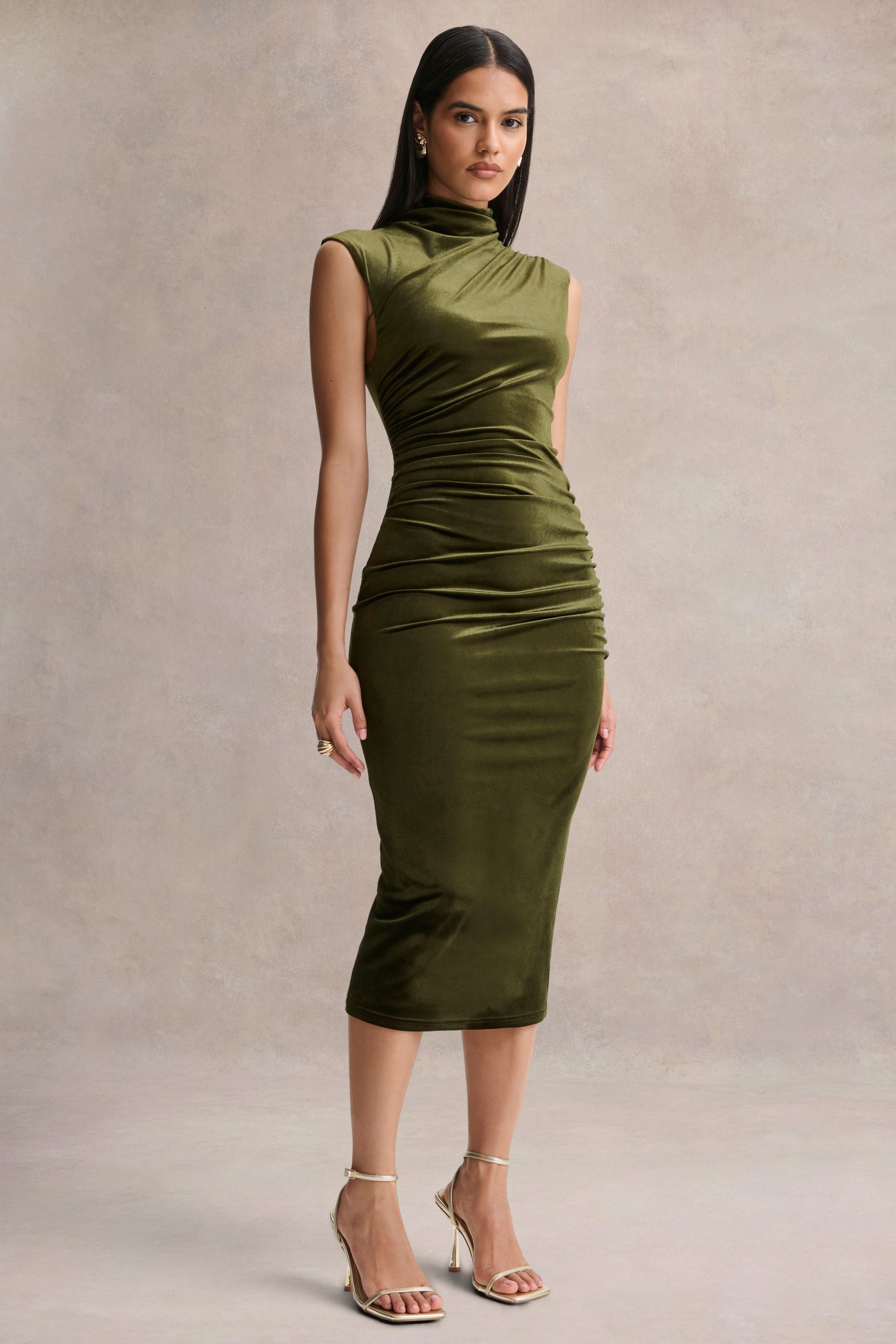 Novine | Olive Velvet High-Neck Midi Dress