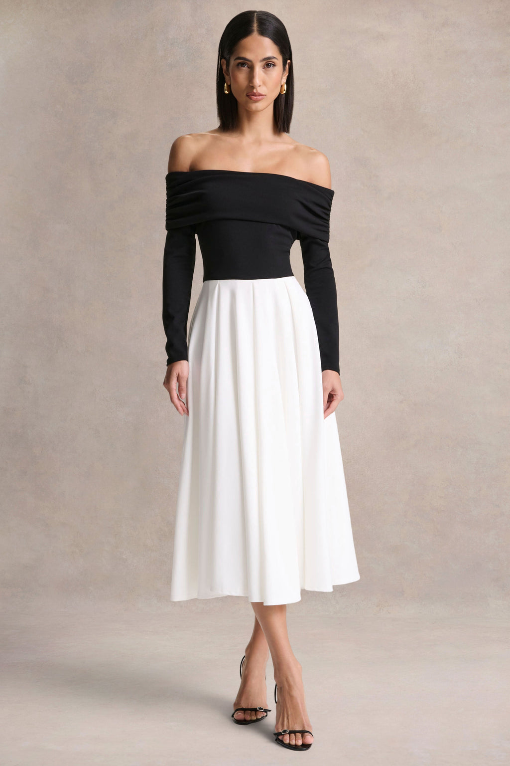 Frederica | Black And White Bardot-Neck Midi Dress