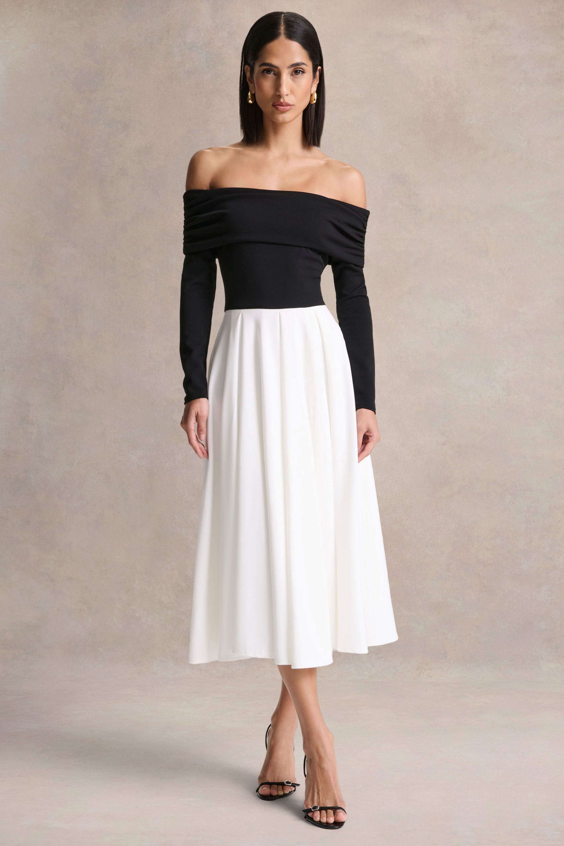 Frederica | Black And White Bardot-Neck Midi Dress