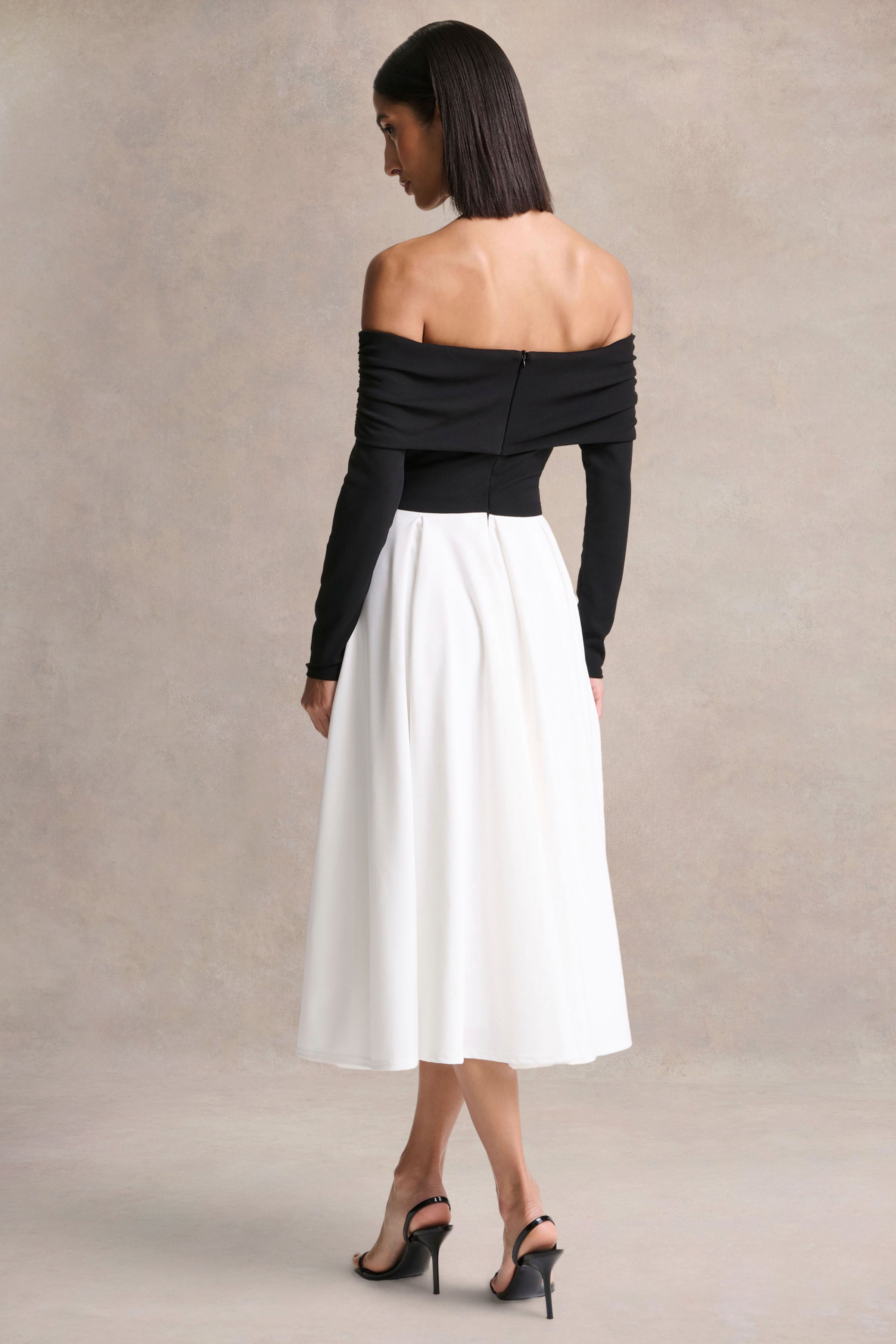 Frederica | Black And White Bardot-Neck Midi Dress