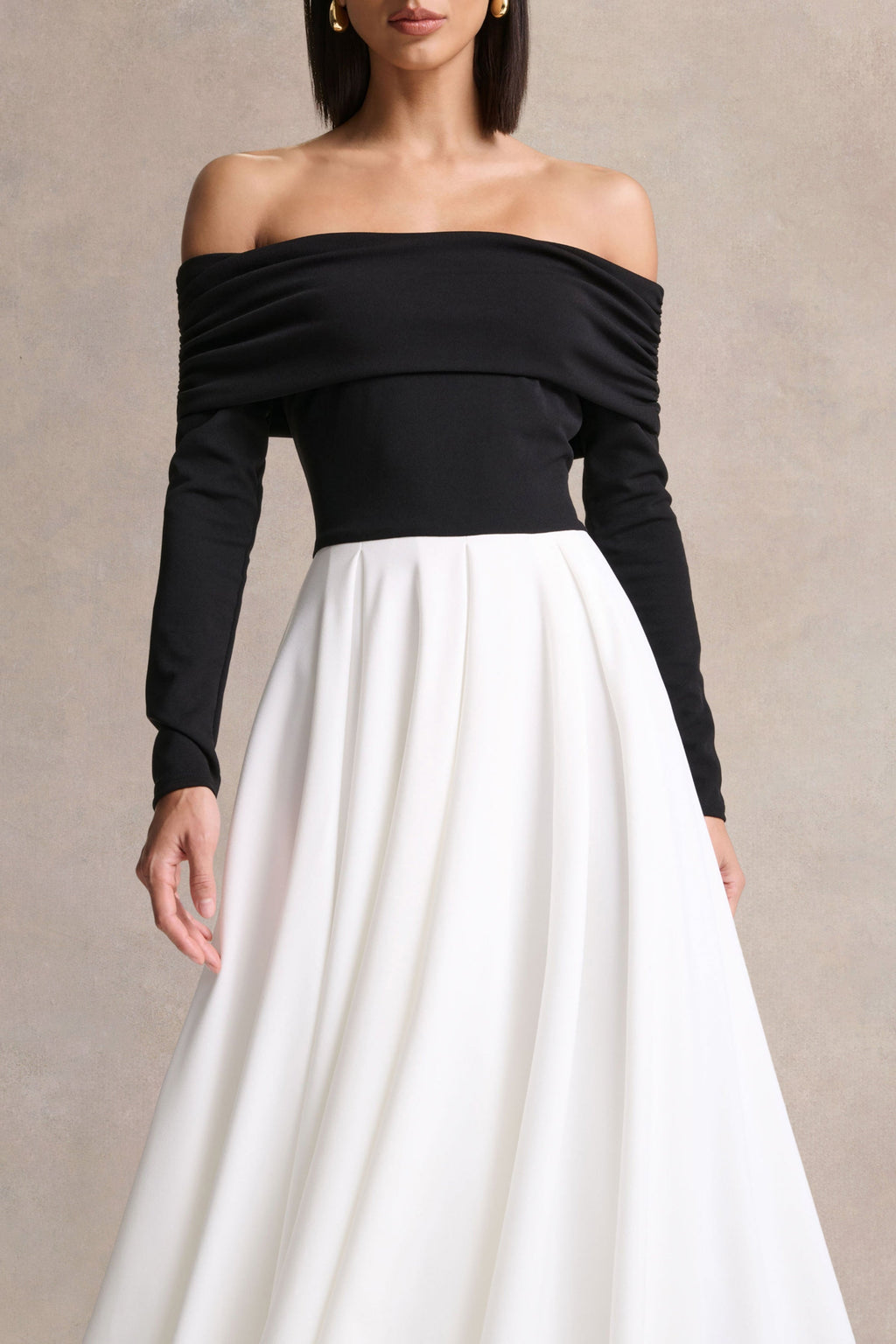 Frederica | Black And White Bardot-Neck Midi Dress