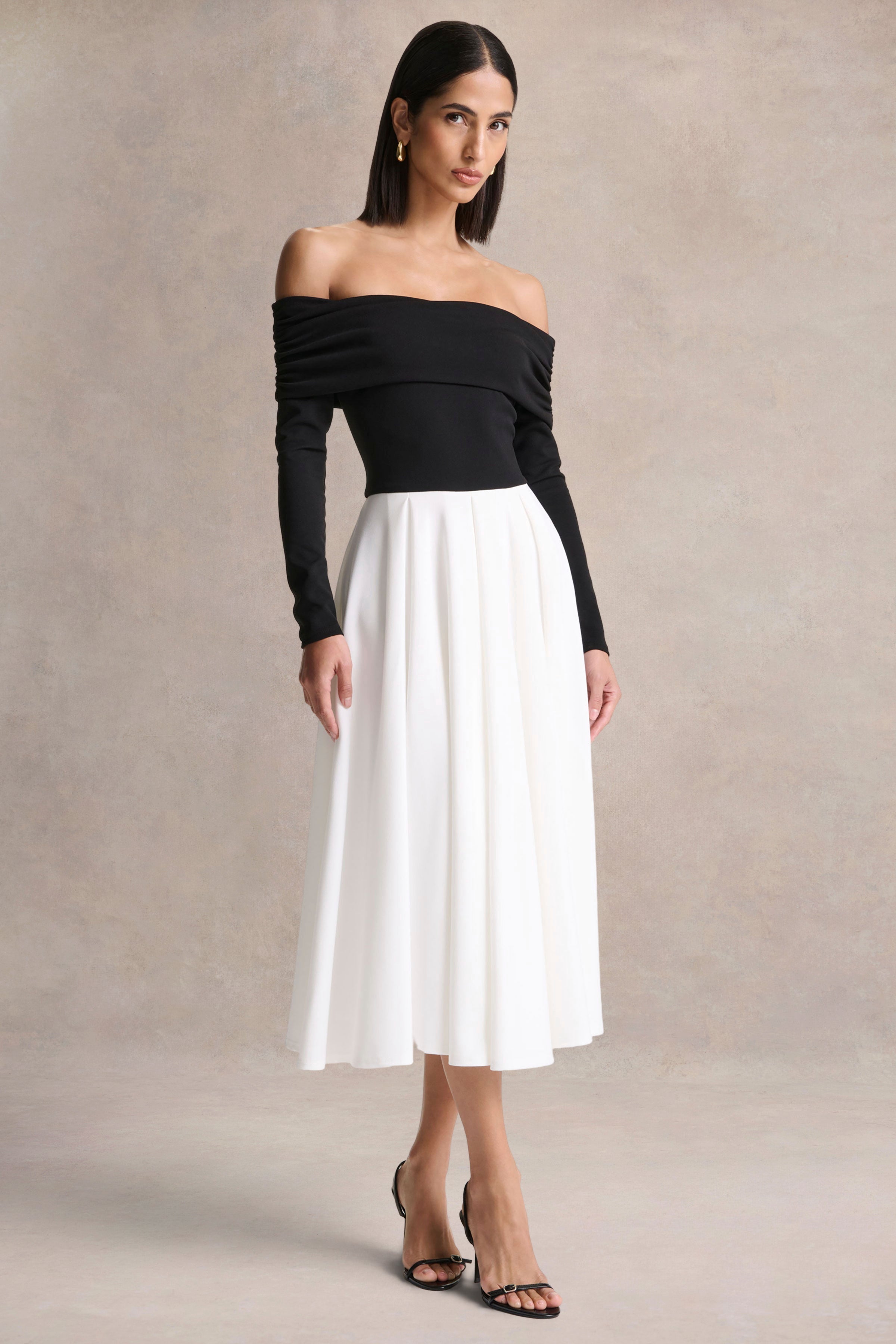 Frederica | Black And White Bardot-Neck Midi Dress