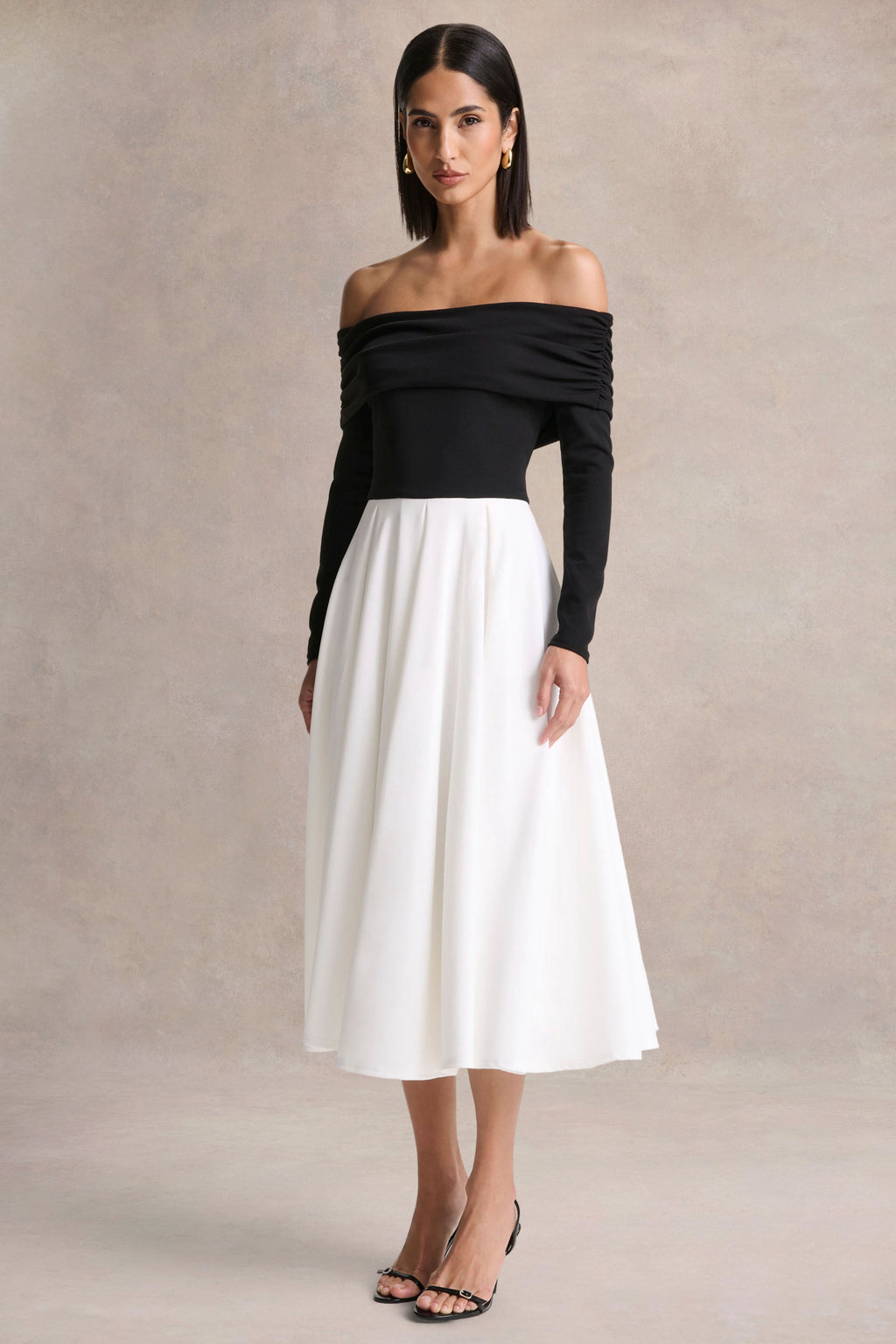Frederica | Black And White Bardot-Neck Midi Dress