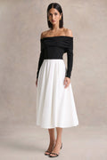 Frederica | Black And White Bardot-Neck Midi Dress