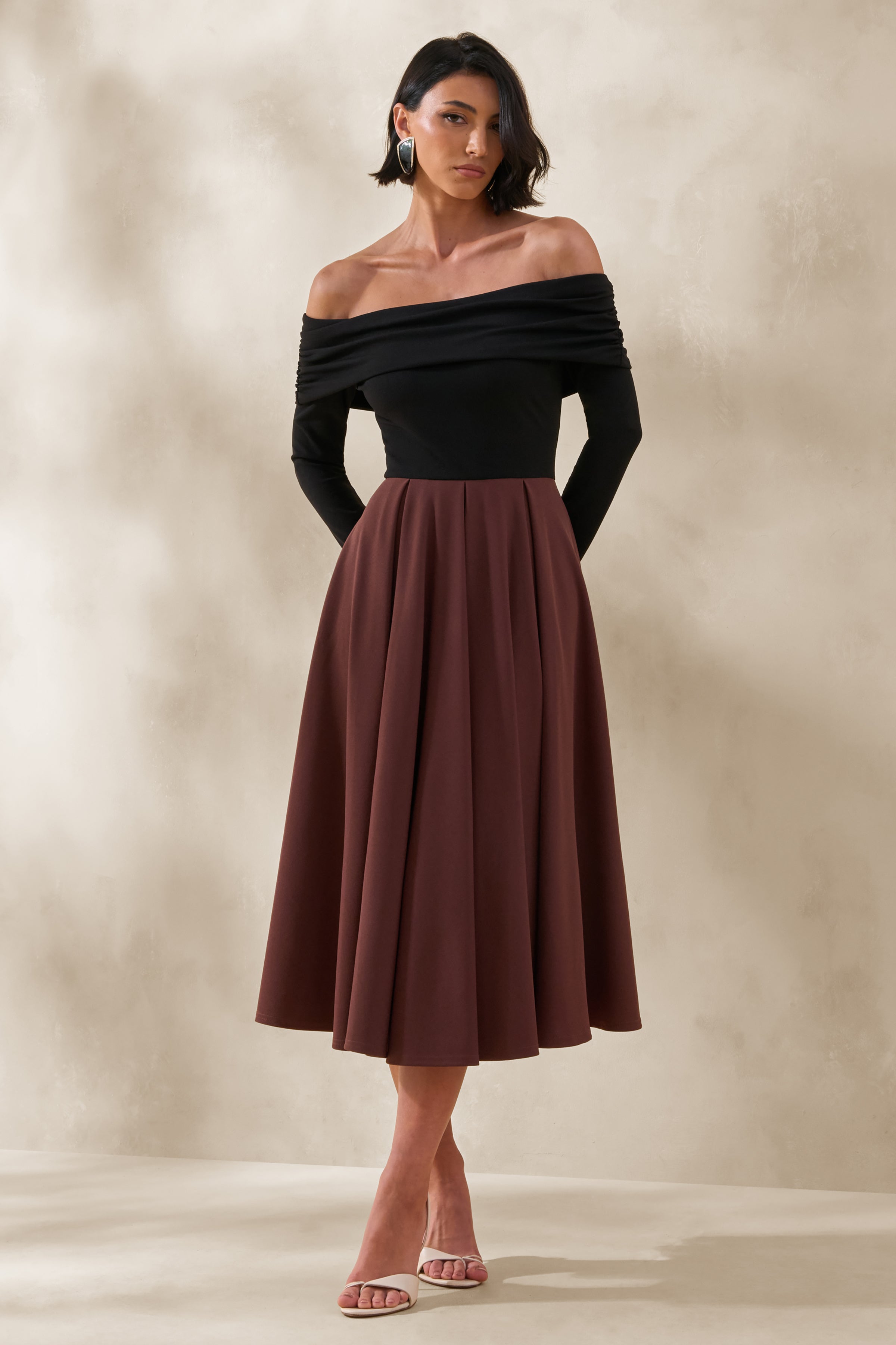 Frederica | Black And Brown Bardot-Neck Midi Dress