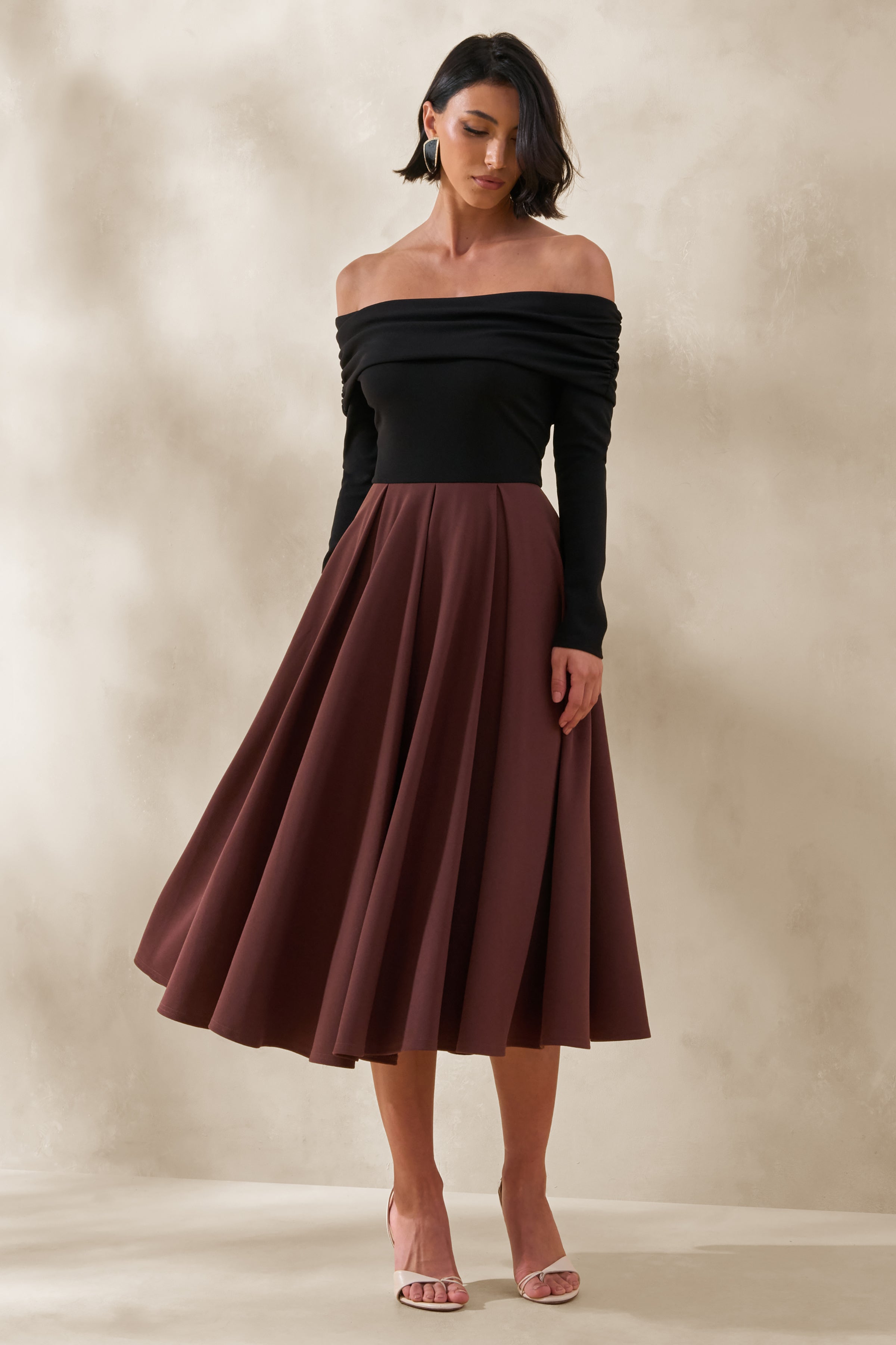 Frederica | Black And Brown Bardot-Neck Midi Dress