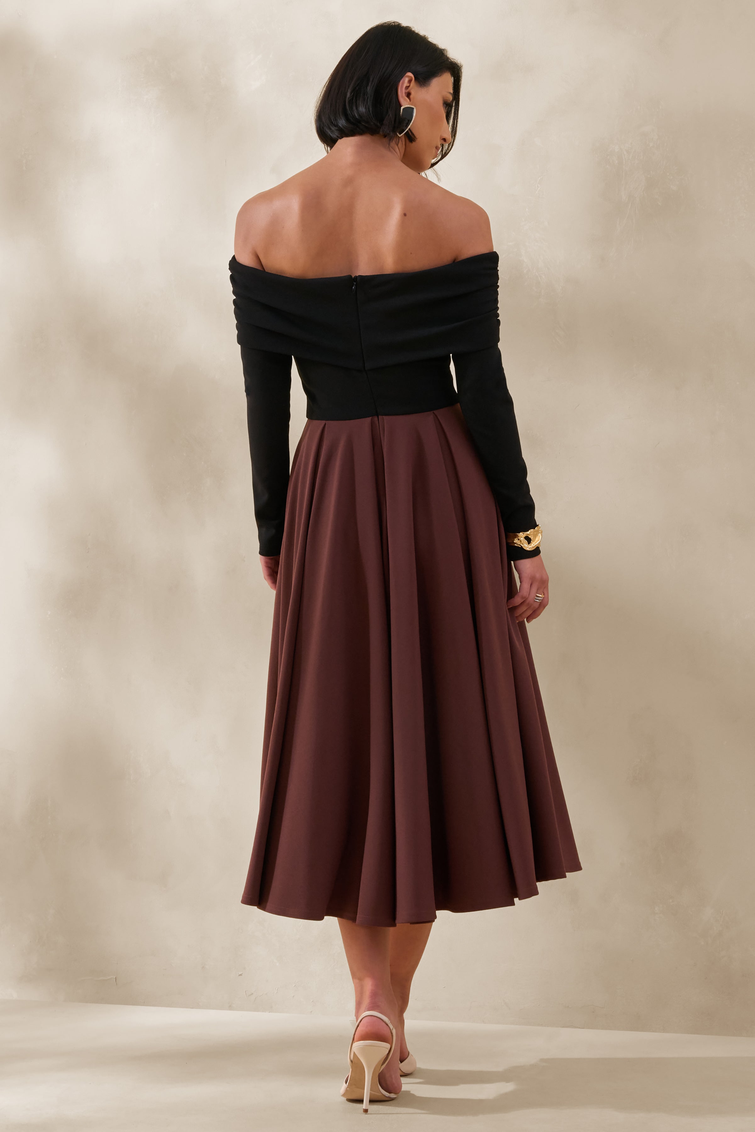 Frederica | Black And Brown Bardot-Neck Midi Dress