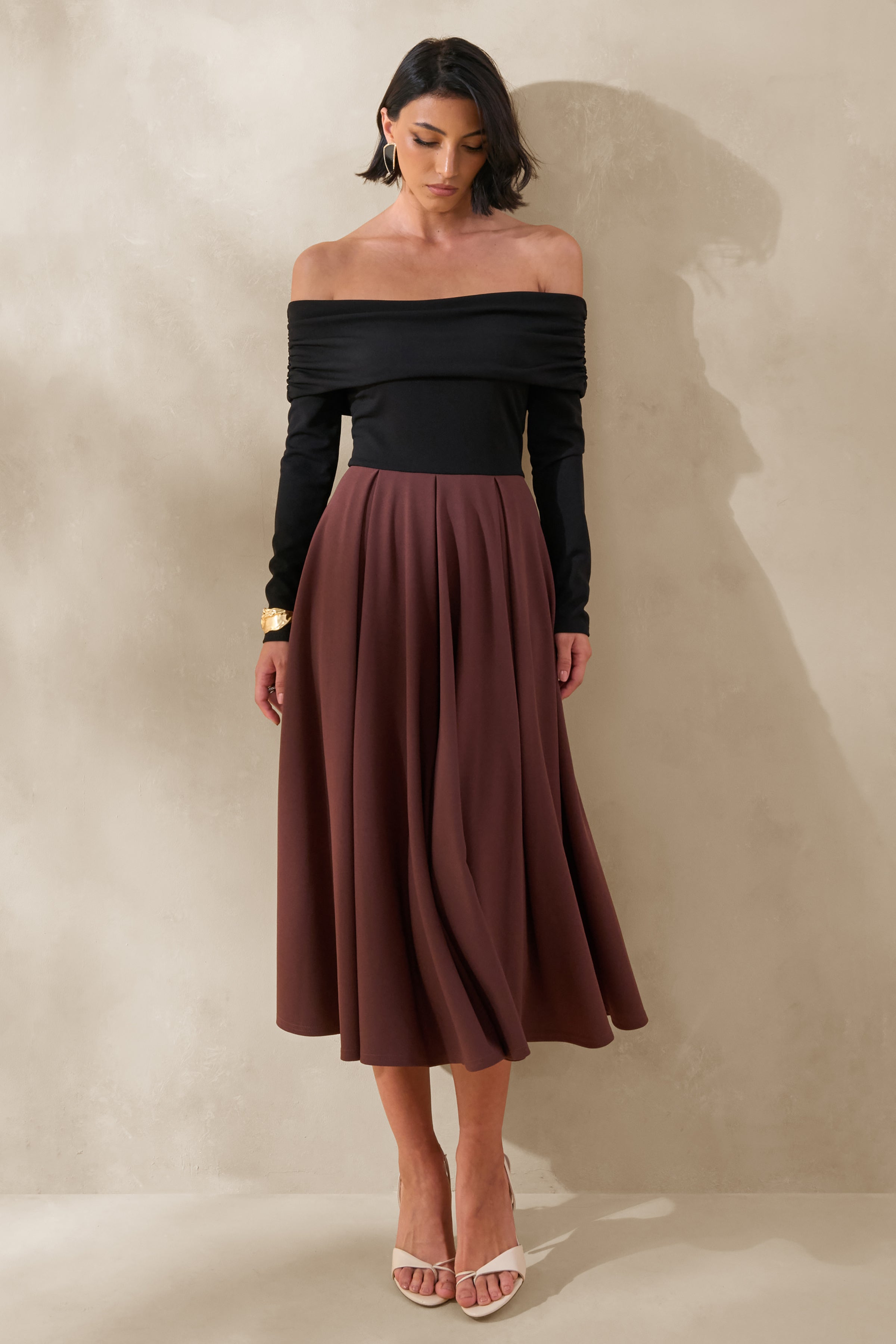 Frederica | Black And Brown Bardot-Neck Midi Dress