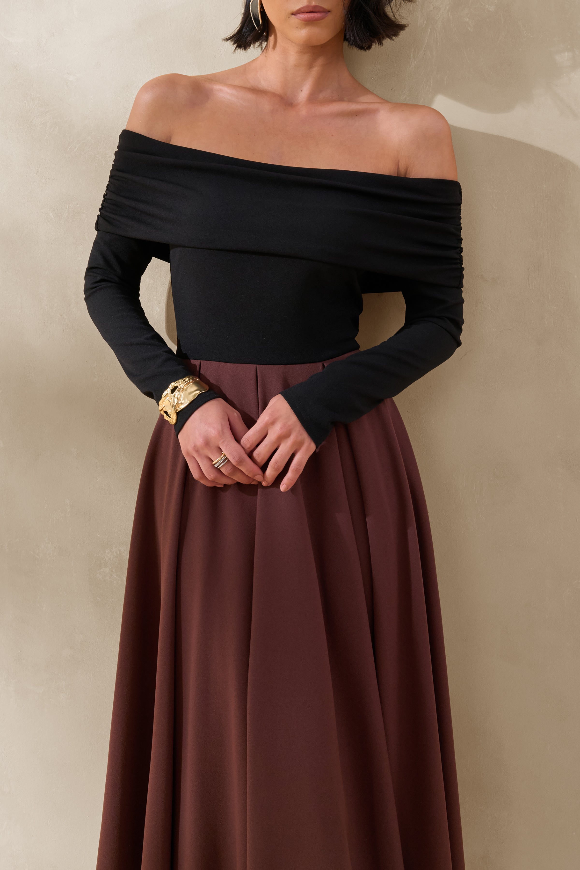 Frederica | Black And Brown Bardot-Neck Midi Dress