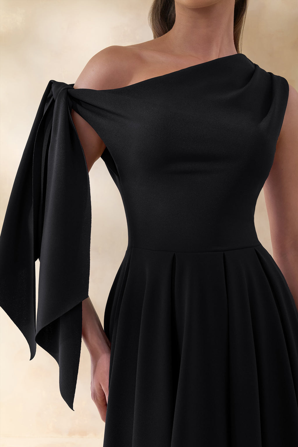 Daring | Black Asymmetric-Neck Midi Dress With Knot-Detail