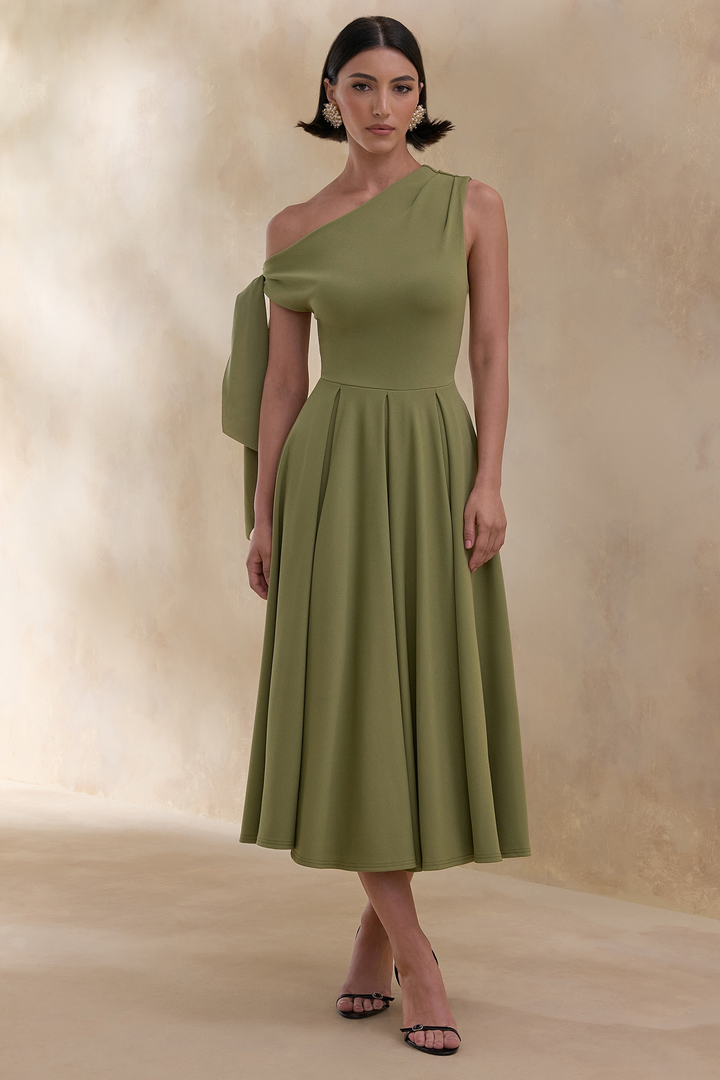 Daring | Olive Asymmetric-Neck Midi Dress With Knot-Detail