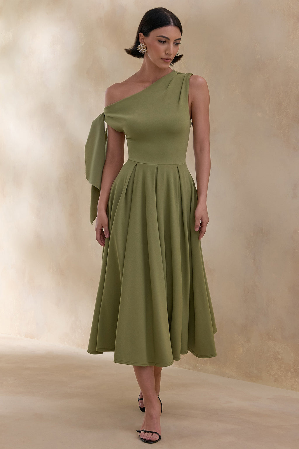 Daring | Olive Asymmetric-Neck Midi Dress With Knot-Detail
