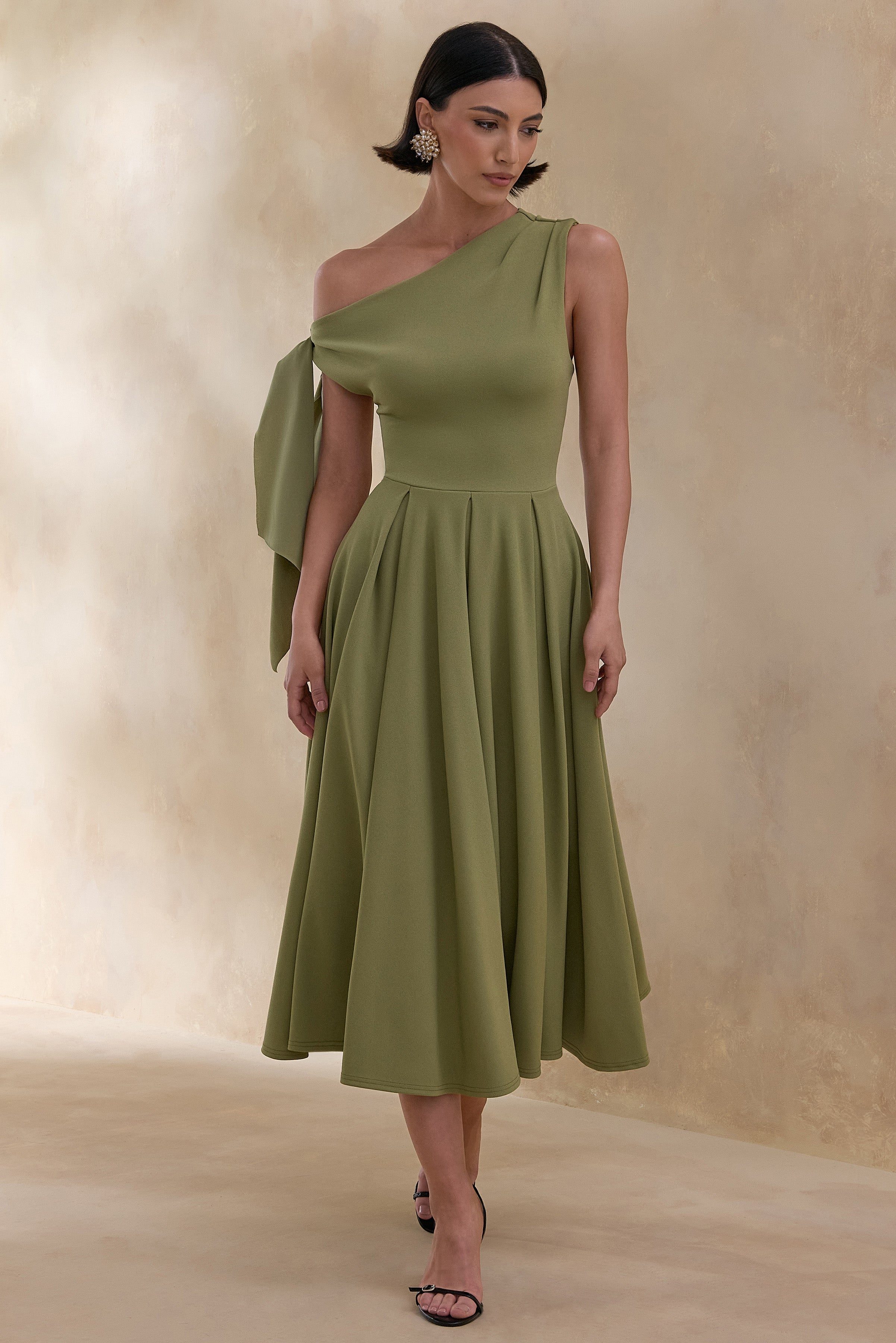 Daring | Olive Asymmetric-Neck Midi Dress With Knot-Detail