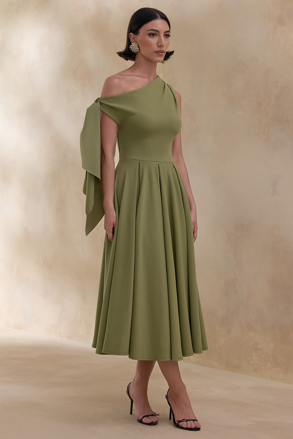 Daring | Olive Asymmetric-Neck Midi Dress With Knot-Detail