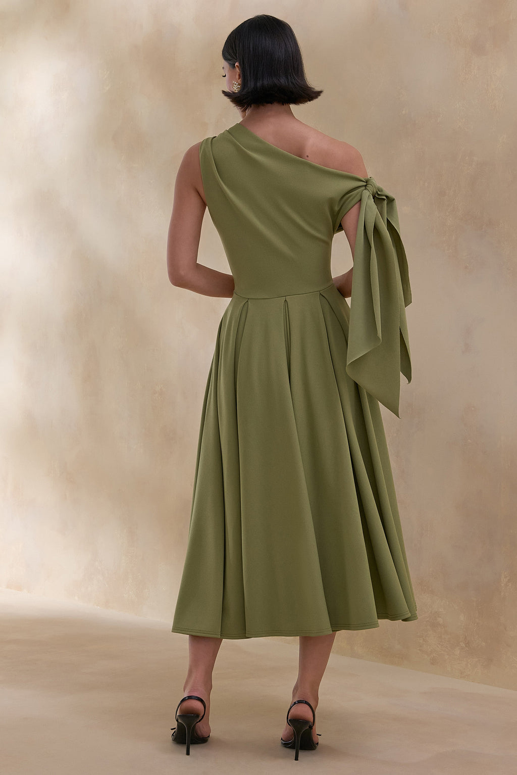 Daring | Olive Asymmetric-Neck Midi Dress With Knot-Detail