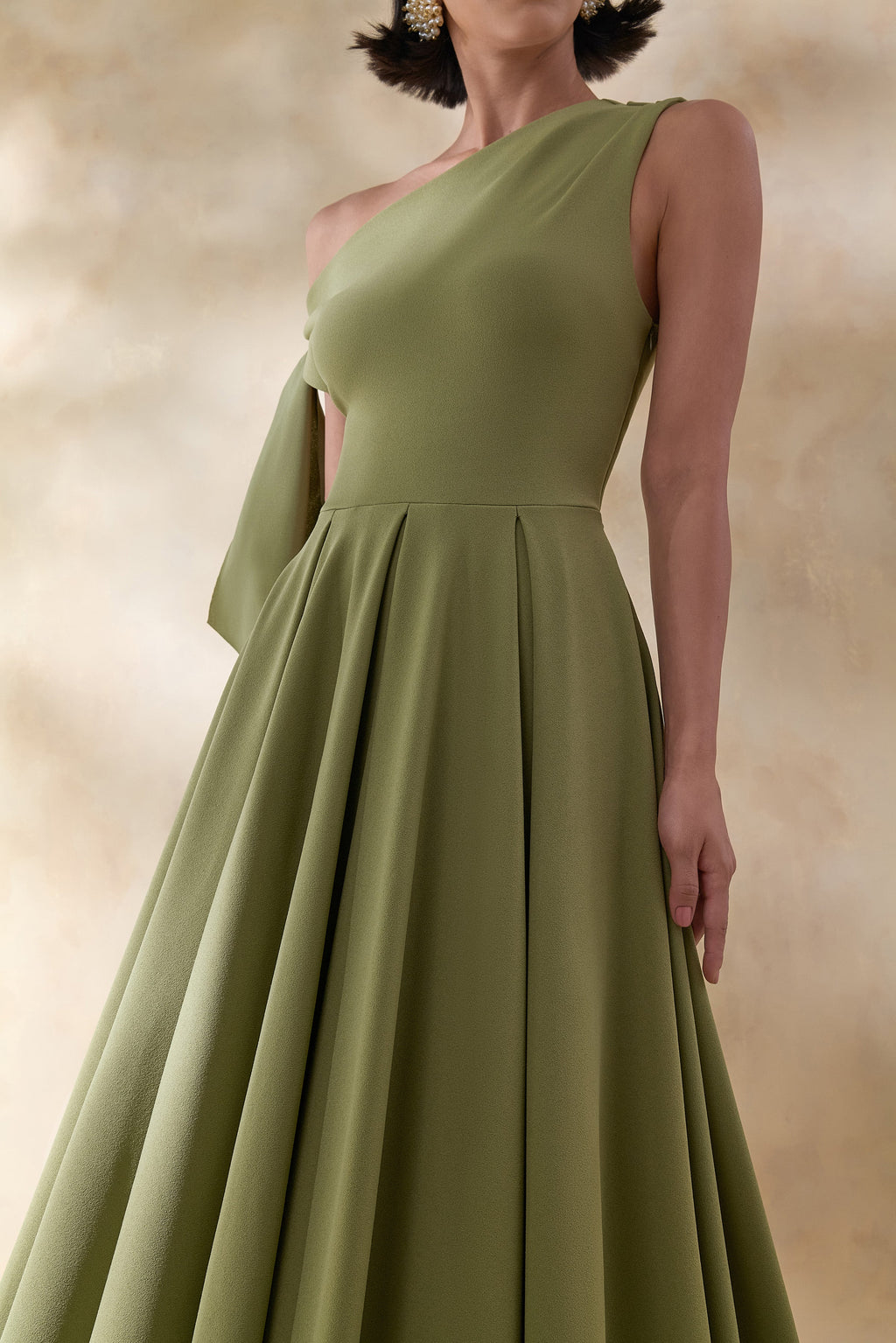 Daring | Olive Asymmetric-Neck Midi Dress With Knot-Detail