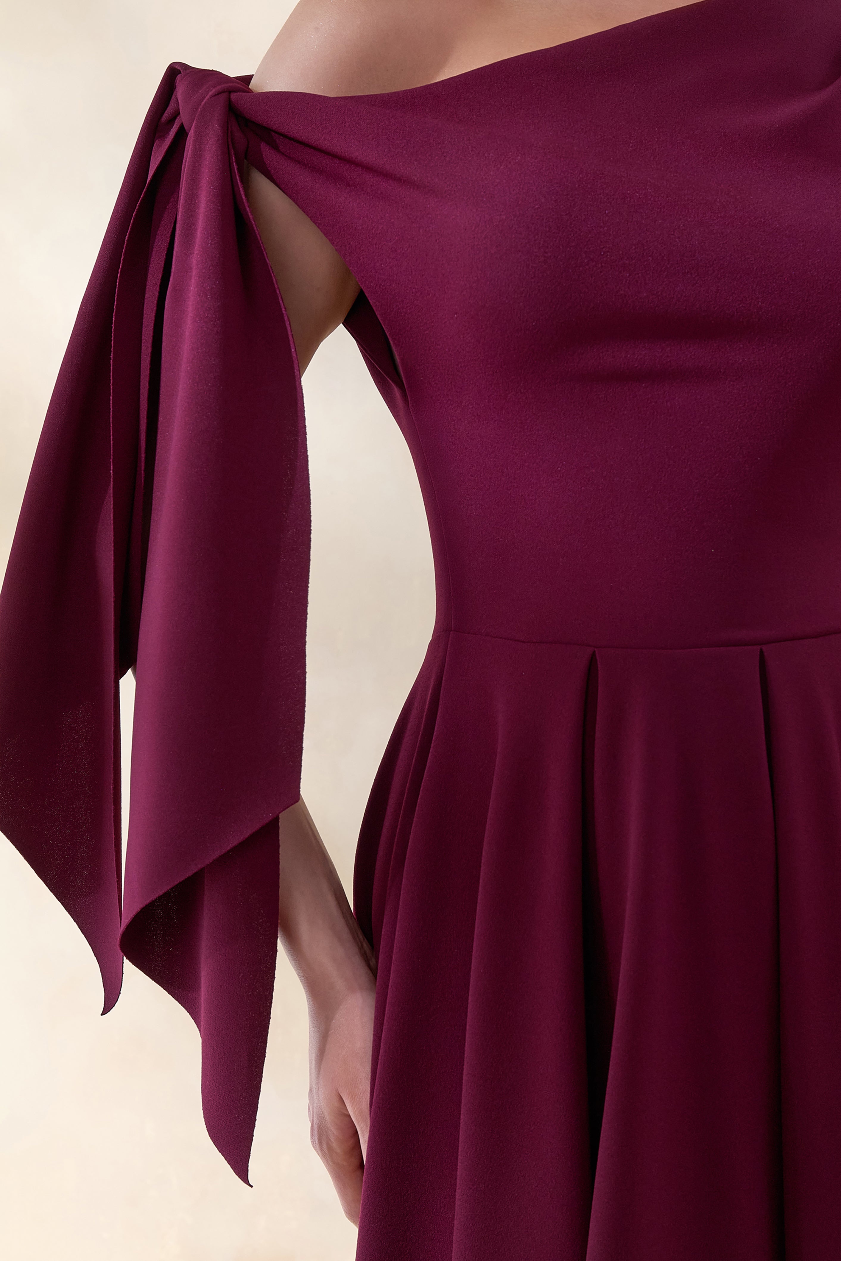 Daring | Burgundy Asymmetric-Neck Midi Dress With Knot-Detail