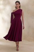 Daring | Burgundy Asymmetric-Neck Midi Dress With Knot-Detail