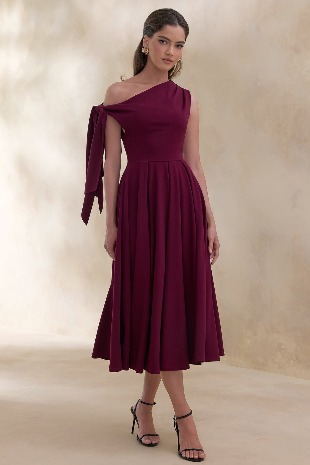 Daring | Burgundy Asymmetric-Neck Midi Dress With Knot-Detail