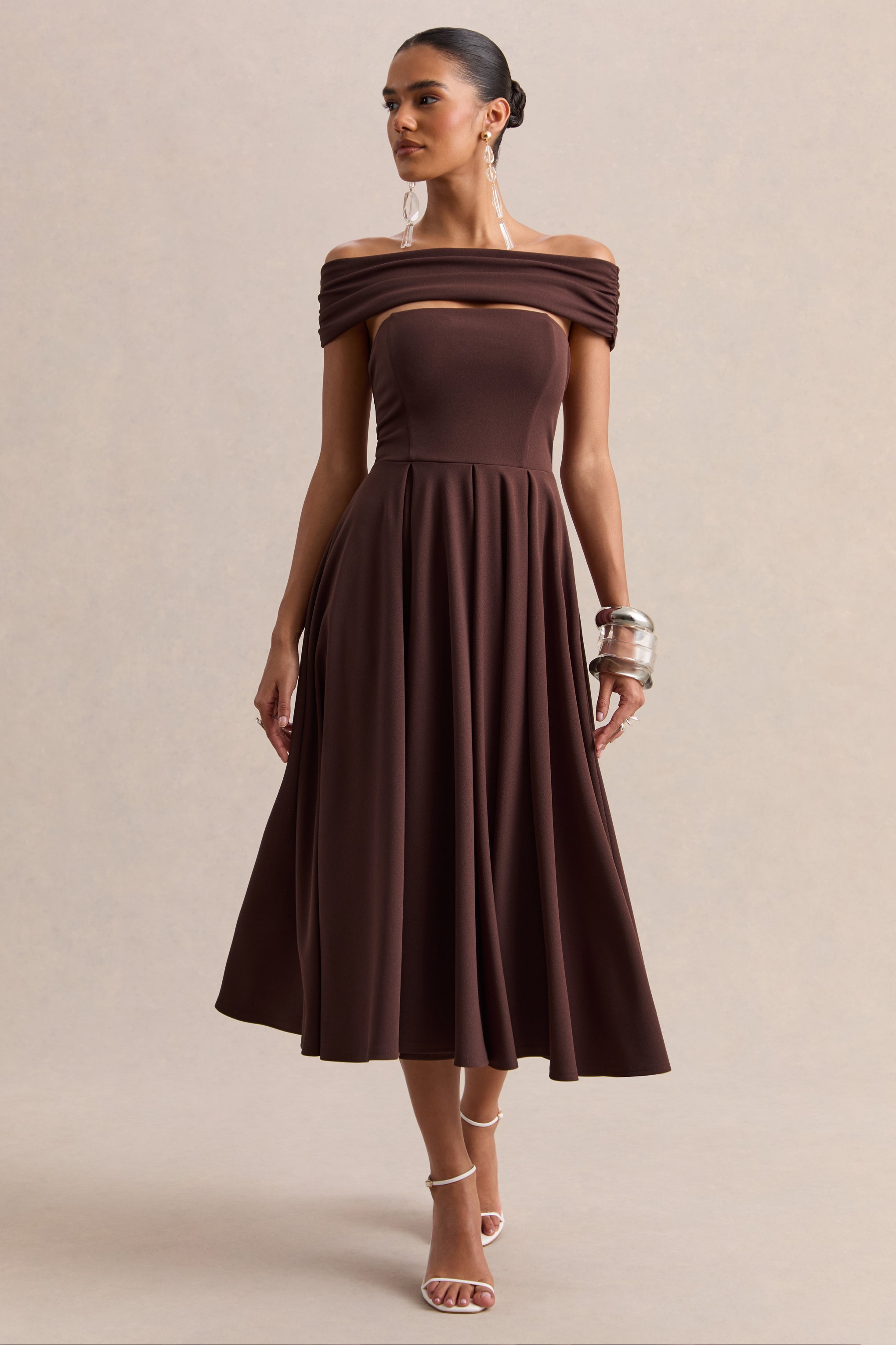 Mavina | Brown Bardot-Neck Midi Dress