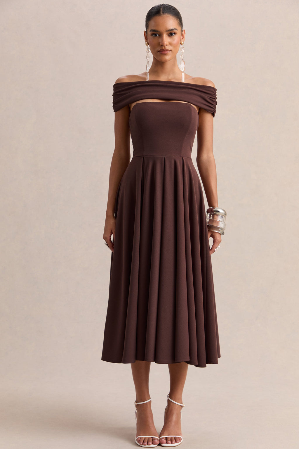 Mavina | Brown Bardot-Neck Midi Dress
