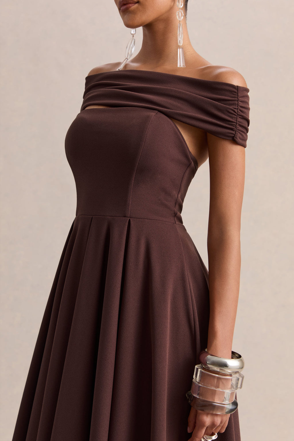 Mavina | Brown Bardot-Neck Midi Dress