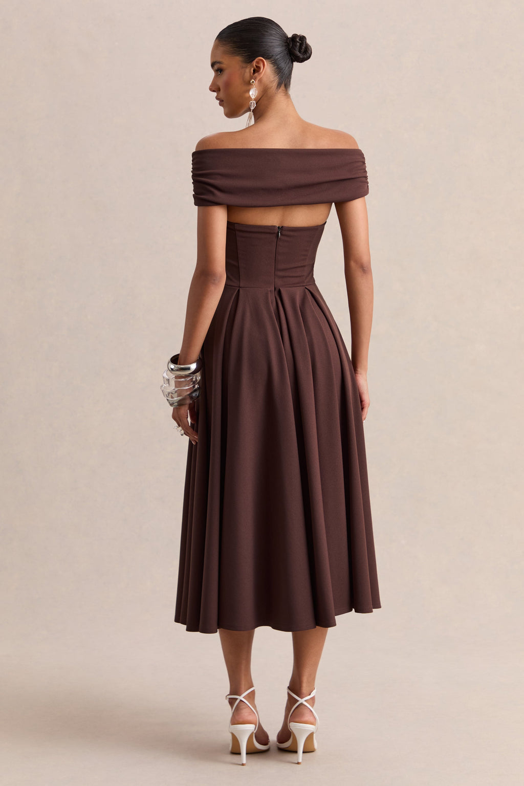 Mavina | Brown Bardot-Neck Midi Dress
