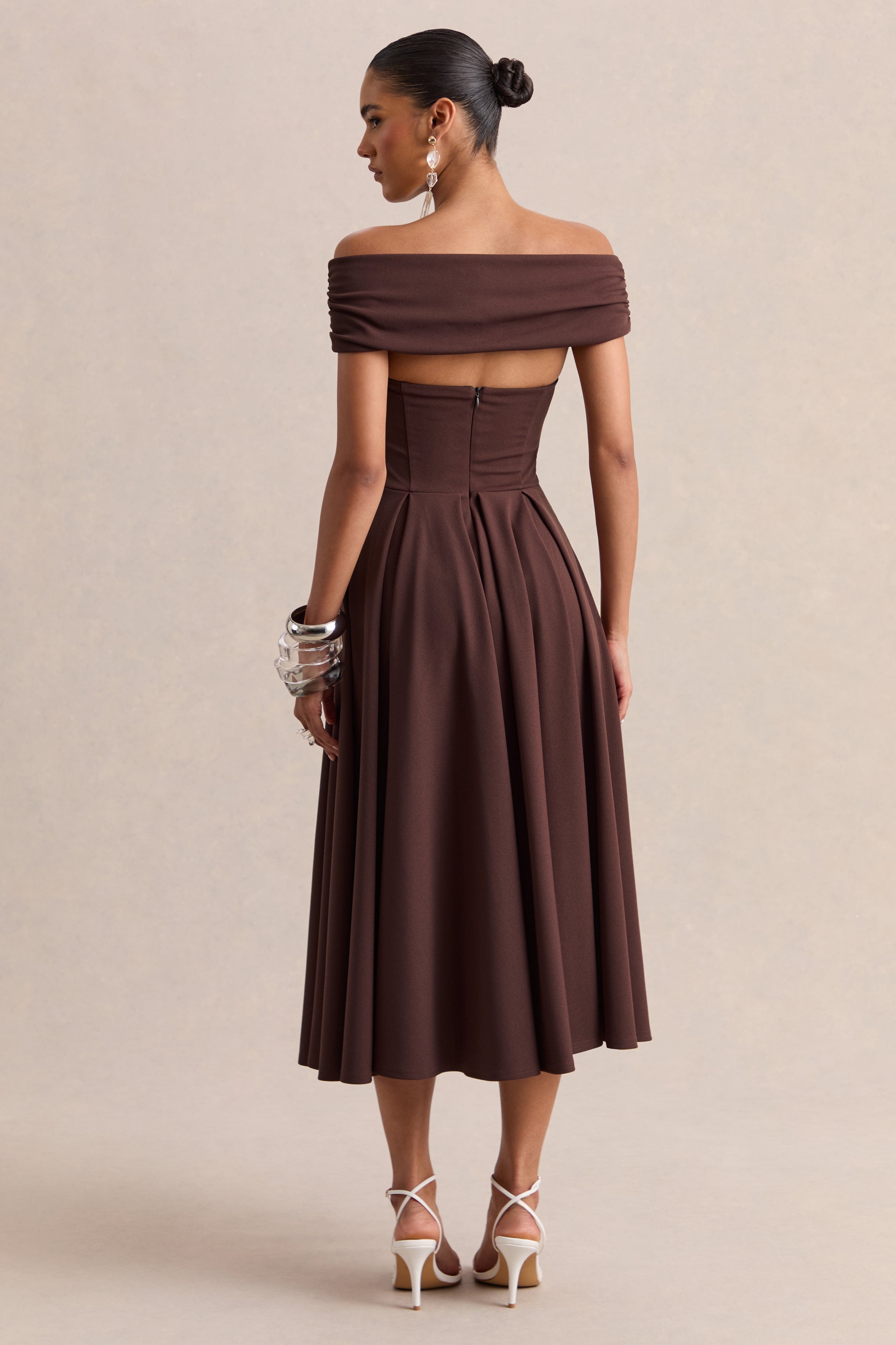 Mavina | Brown Bardot-Neck Midi Dress