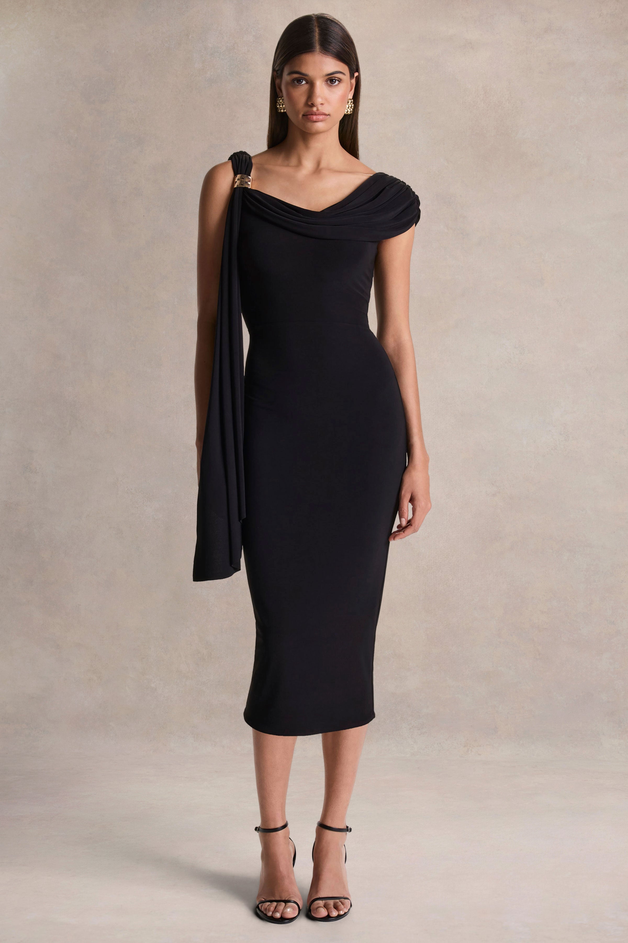 Mirelda | Black Asymmetric-Neck Midi Dress With Gold-Detail