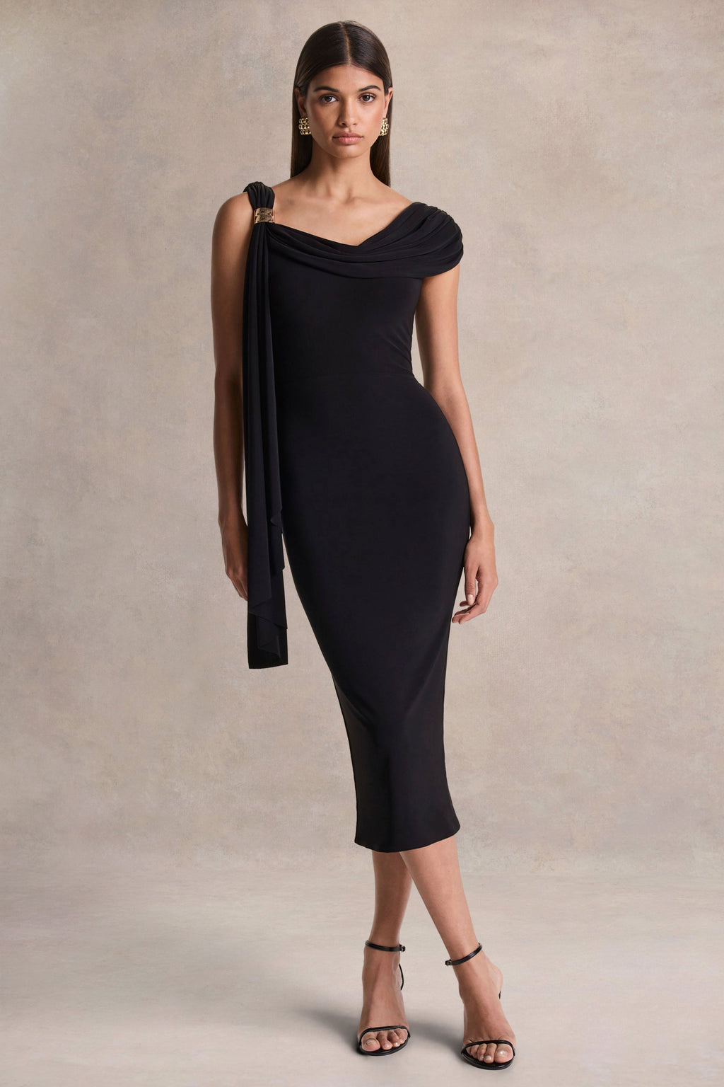 Mirelda | Black Asymmetric-Neck Midi Dress With Gold-Detail